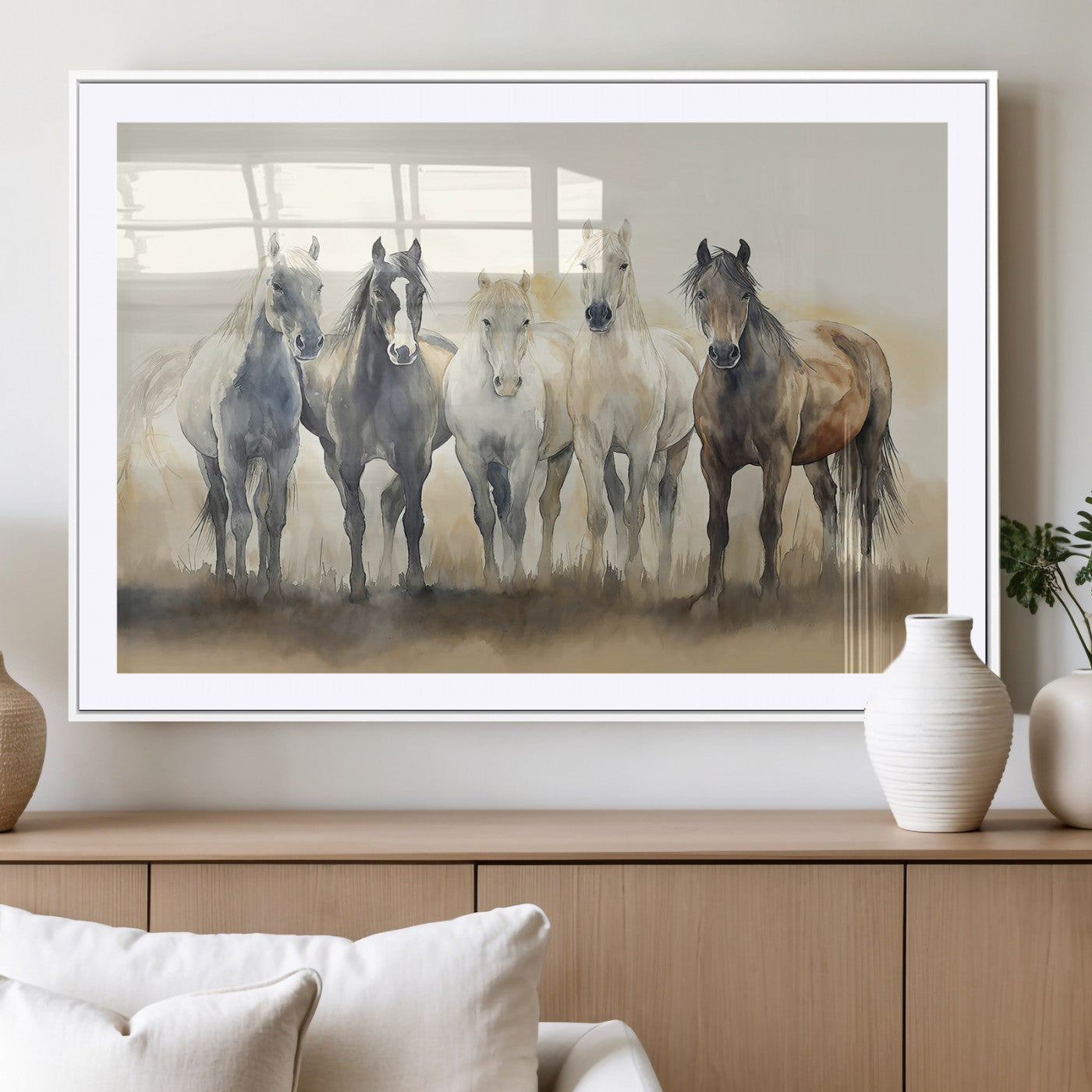 MGC-FP-36x24 - Wild Horses Wall Art Canvas Print, Framed Running Horses Art Picture Print, Watercolor Horses Perfect Rustic Western Decor Artwork