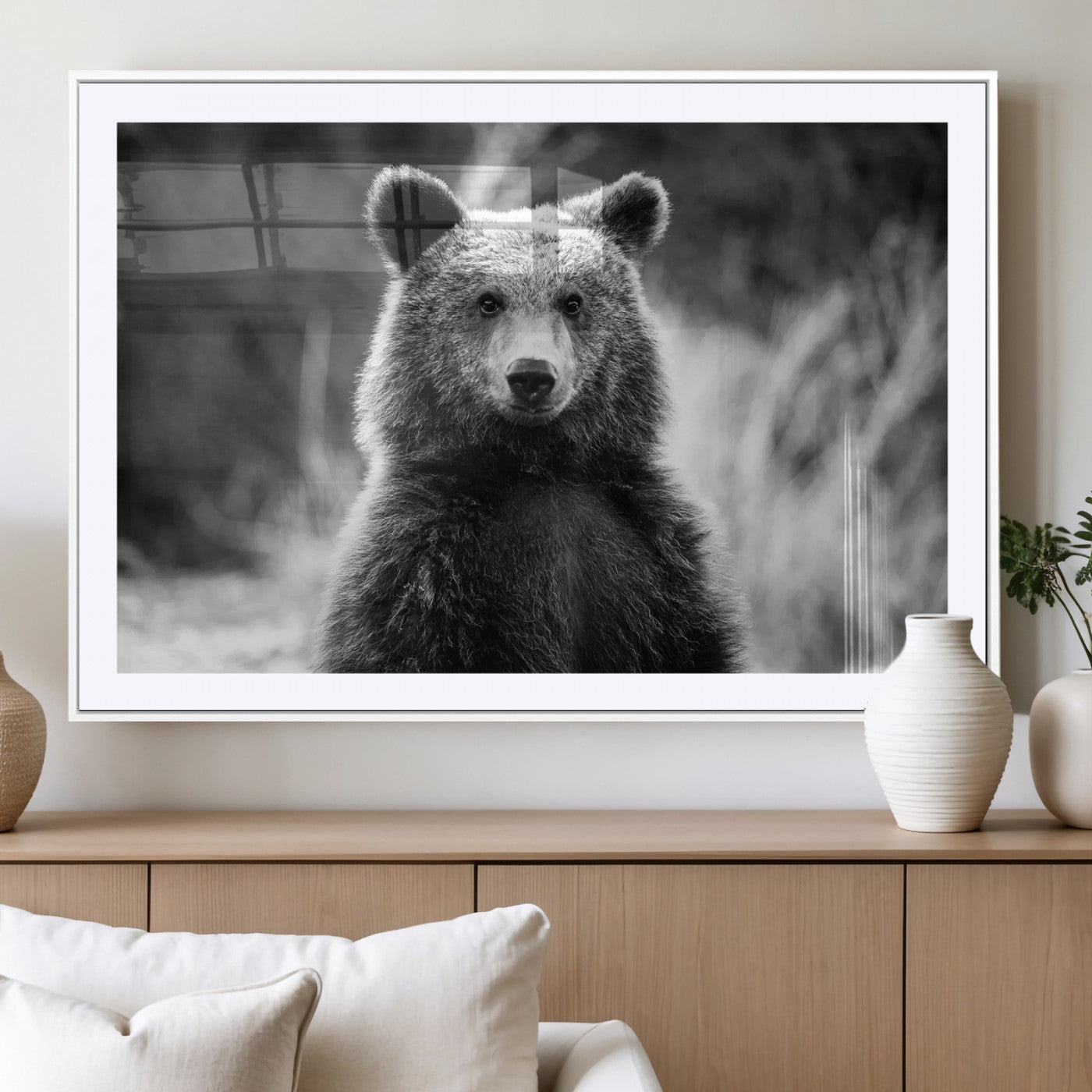 55656803-MGC-FP-36x24_White-Grizzly Bear Wall Art Canvas Print – Framed Black White Wildlife Rustic Nature Artwork for Home, Office Decor
