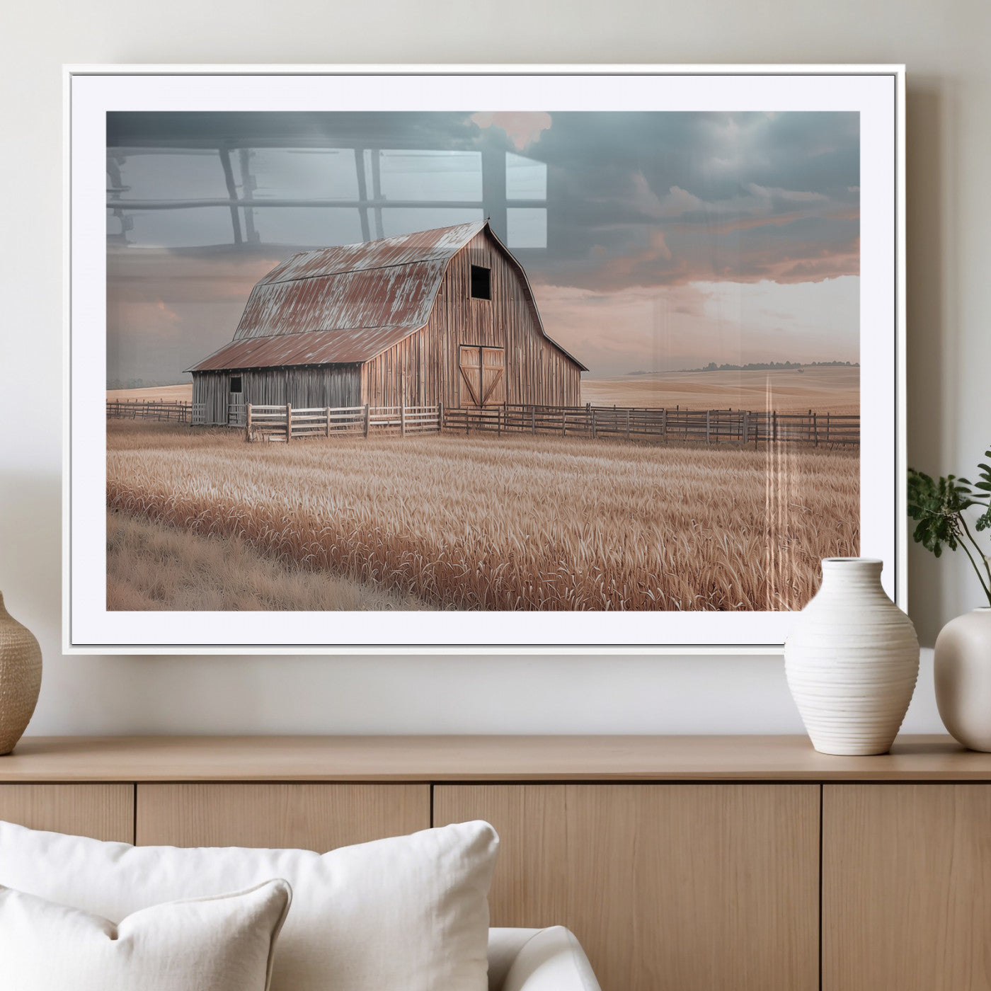 36878364-MGV-CV-36X24-Rustic Barn Wall Art Canvas Print – Framed Wheat Field Scene with Sunset Barn Artwork for Home, Office, Living Room