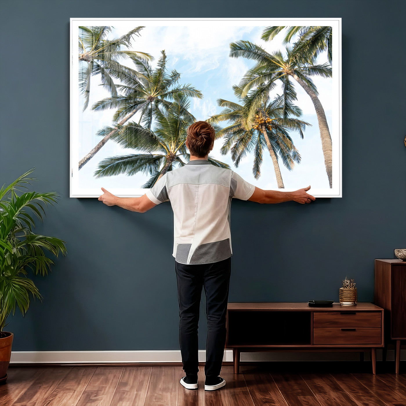 87247012-MGV-CV-36X24 - Tropical Palm Trees Wall Art – Sunlit Leaves & Blue Sky Canvas Print, Island Breeze and Vacation Vibes for Office or Home Decor