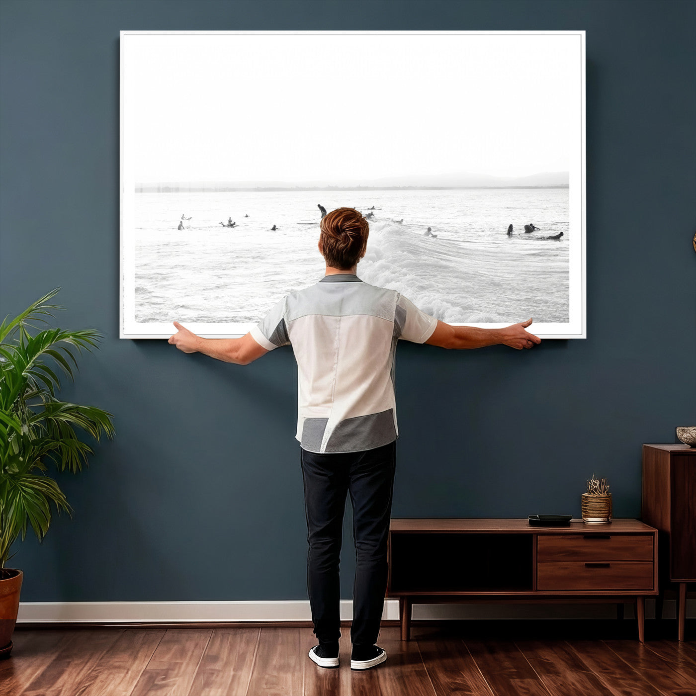 33449548-MGV-CV-36X24 - Surf Crowd Motion Wall Art – Active Surfers & Ocean Waves Canvas Print, Dynamic Water and Coastal Horizon for Living Room or Sea Adventure Decor