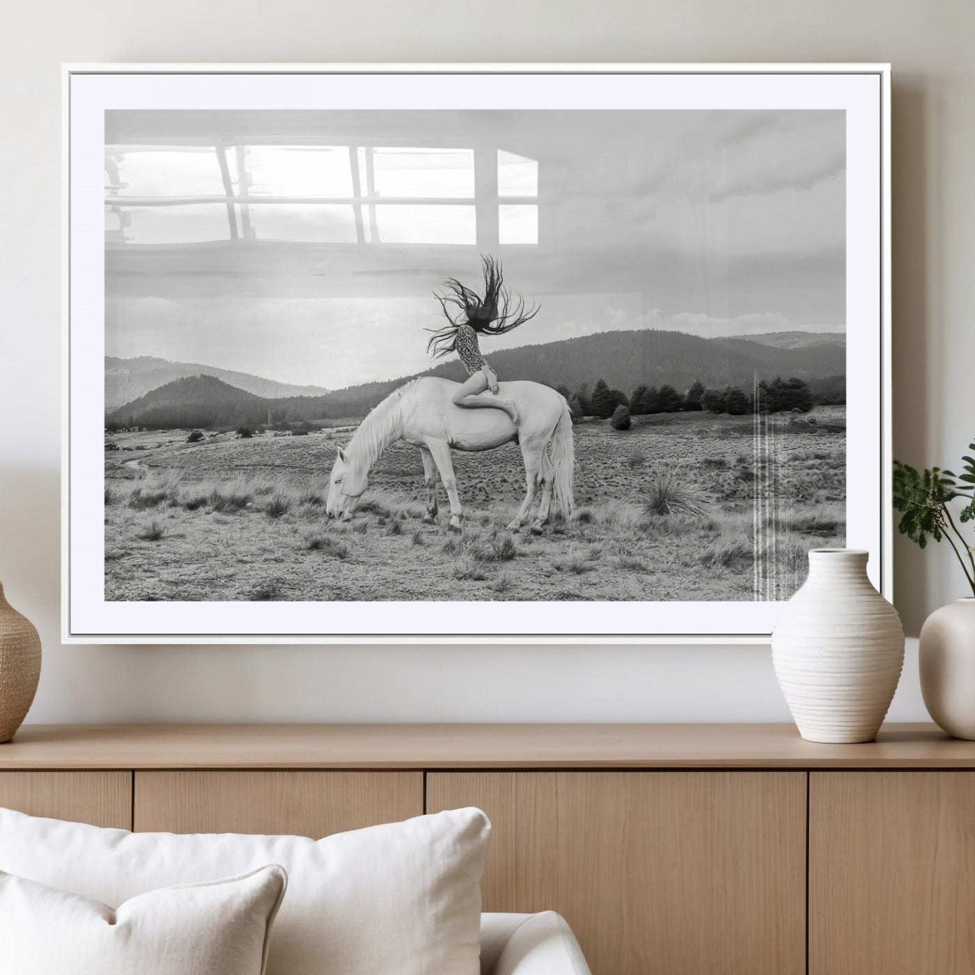 62789800-MGV-CV-36X24-White Horse Wall Art Canvas Print – Framed Woman Rider Equestrian Pose Western Boho Elegant Artwork for Home Office