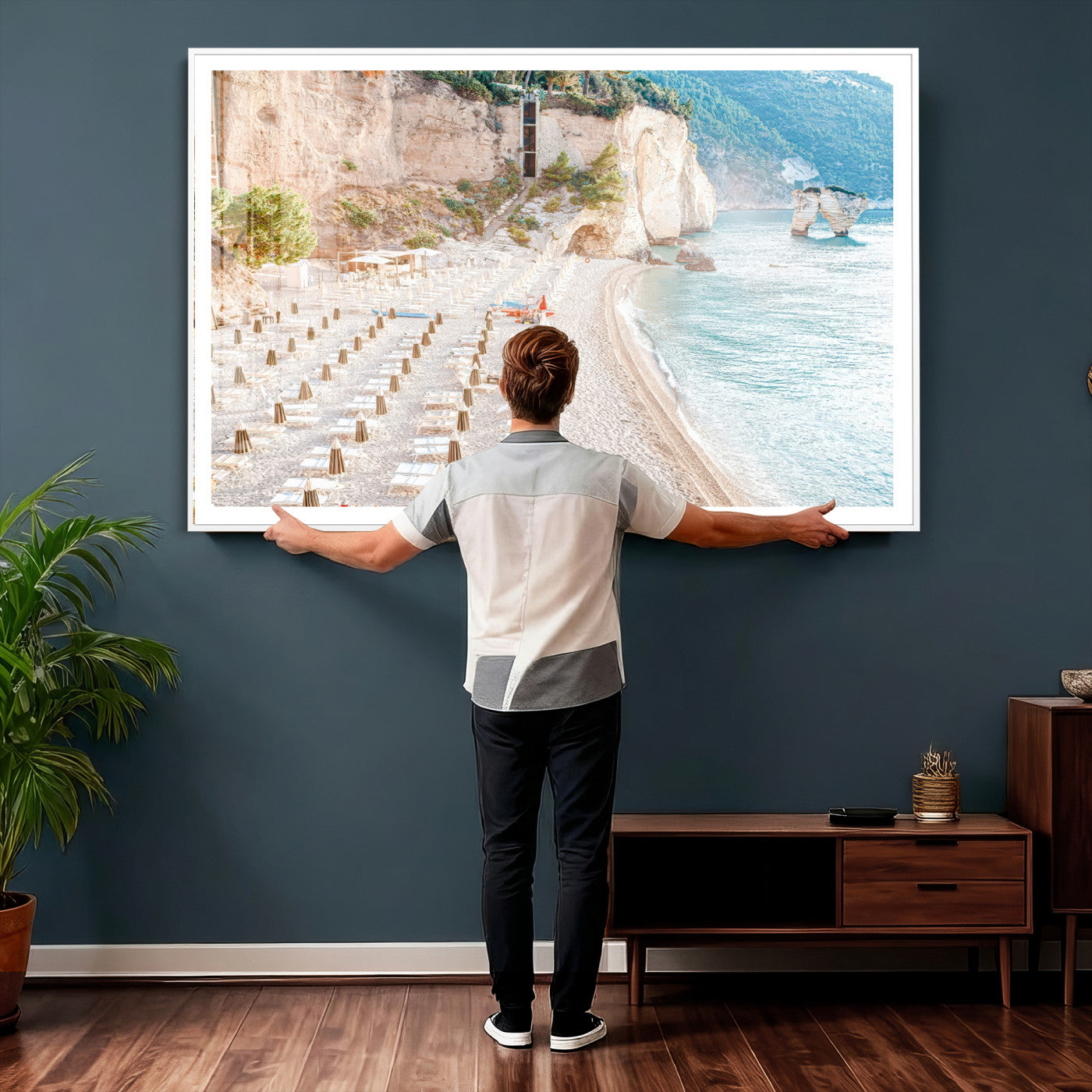 84816639-MGV-CV-36X24 - Sunny Beach Wall Art – Chairs & Umbrellas Canvas Print, Clear Water, Rocky Cliffs, Coastal Calm for Living Room or Vacation Home Decor