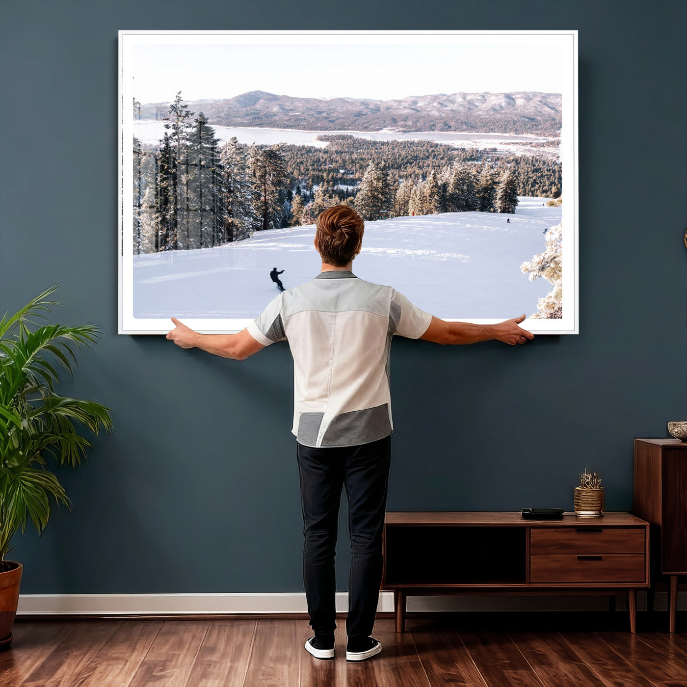 79857868-MGV-CV-36X24 - Snowboarder Wall Art – Winter Slope Canvas Print, Pine Forest, Snow-Covered Mountains, Outdoor Adventure for Living Room or Cabin Decor