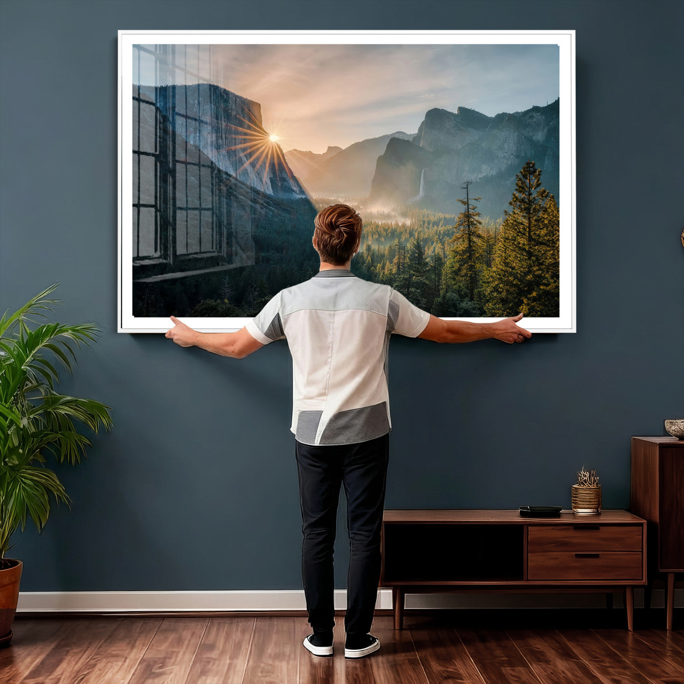 51605481-MGV-CV-36X24 - Yosemite Valley Wall Art – Misty Forest Peaks Canvas Print, Radiant Light, Tranquil Nature Landscape for Living Room or Cabin Decor