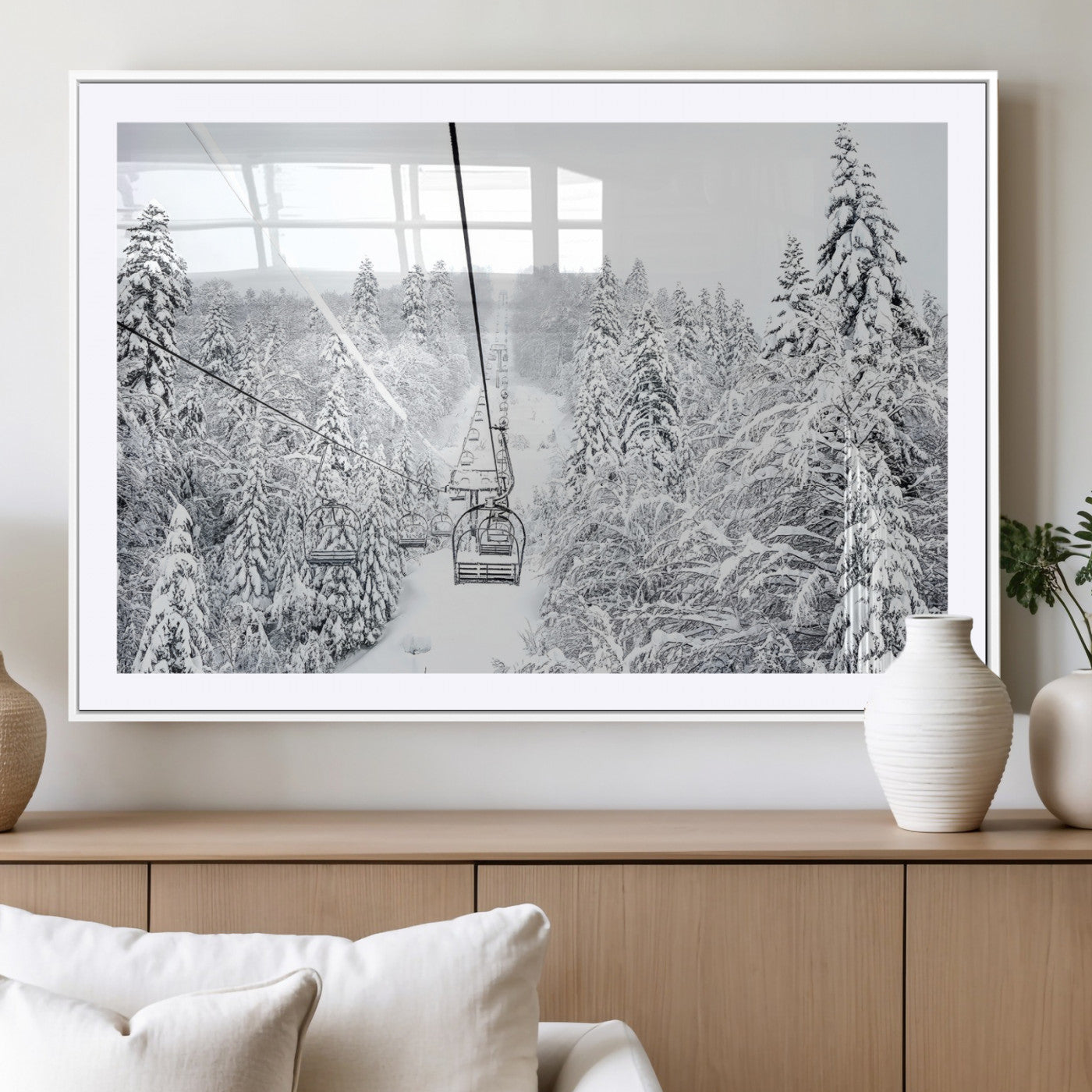 44705668-MGV-CV-36X24-Snowy Ski Lift Wall Art – Framed Winter Mountain Canvas Artwork, Serene Forest Design, Modern Nature Decor for Home, Office