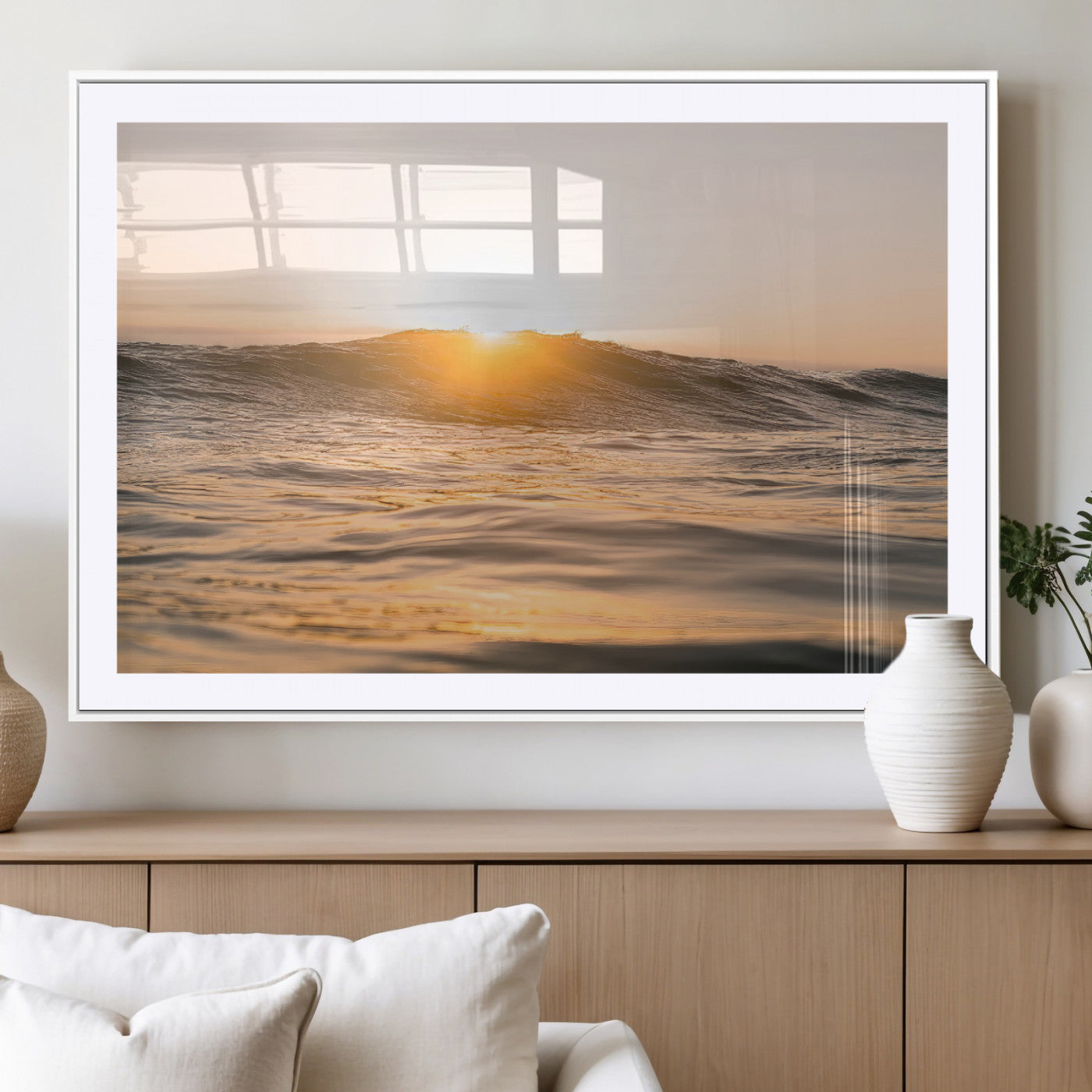 16973771-MGV-CV-36X24-Calm Water Wall Art – Framed Sunset Waves Canvas Artwork, Coastal Warm Design, Minimal Ocean Decor for Home, Office