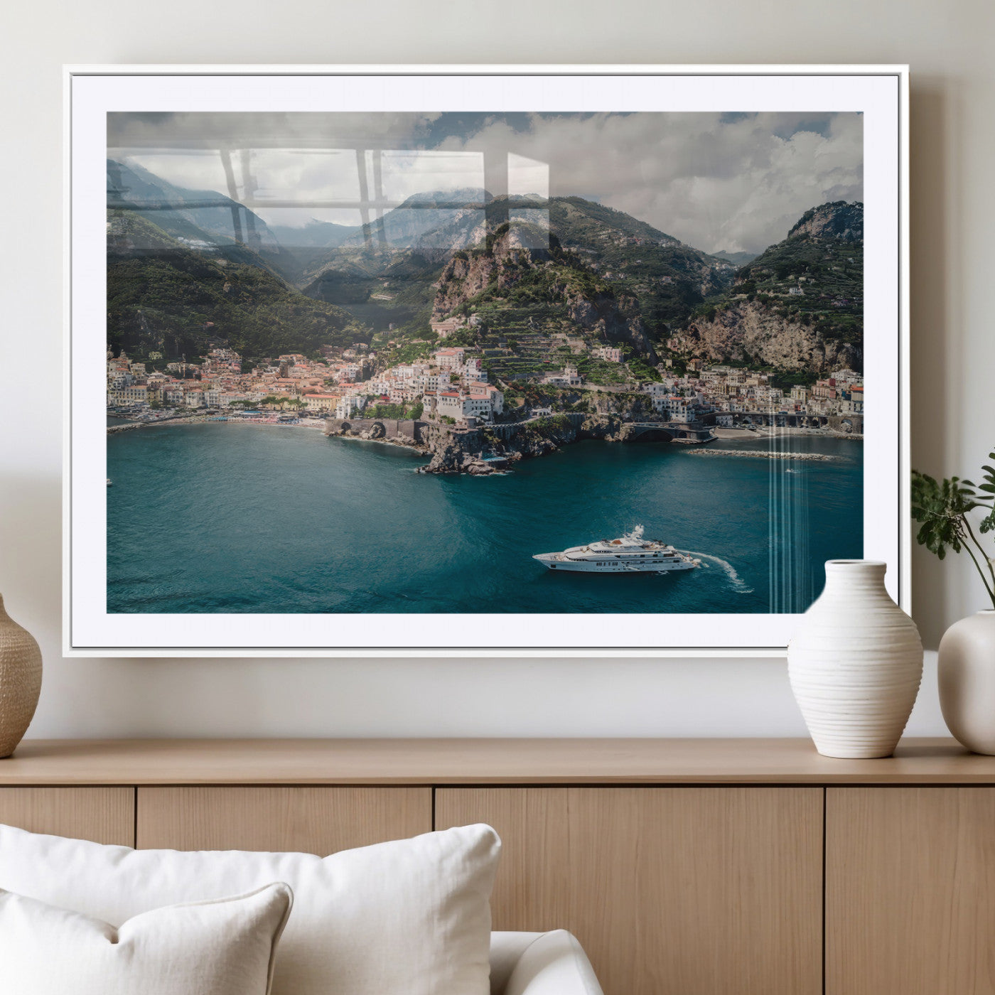 20321590-MGV-CV-36X24-Amalfi Coast Wall Art – Framed Italian Seaside Canvas Artwork, Mediterranean Landscape Design, Coastal Decor for Home, Office