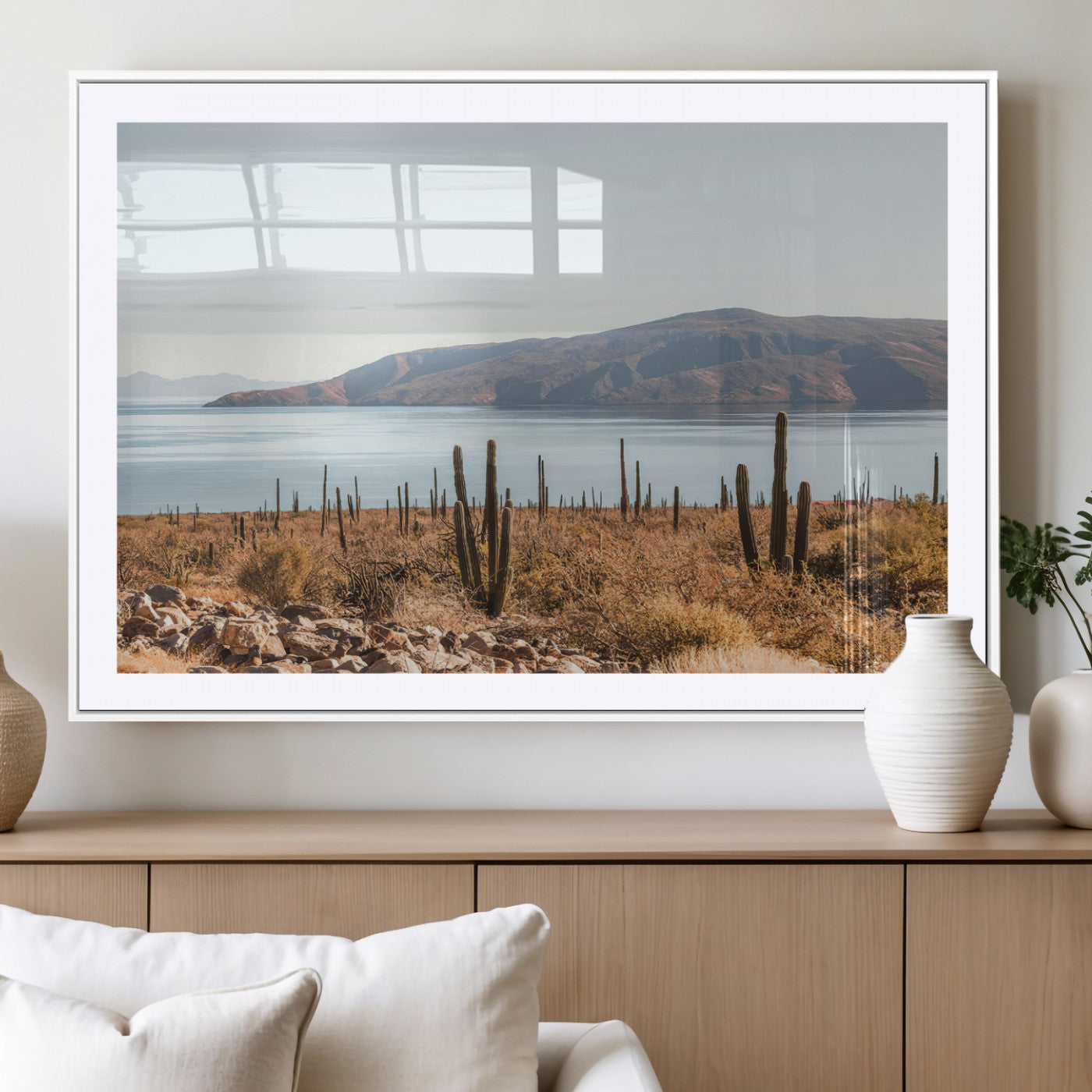 MGC-FP-36x24 - Desert Cactus Wall Art Canvas Print, Framed Baja Coastline Art Picture Print, Coastal Desert Perfect Southwestern Minimalist Decor Artwork