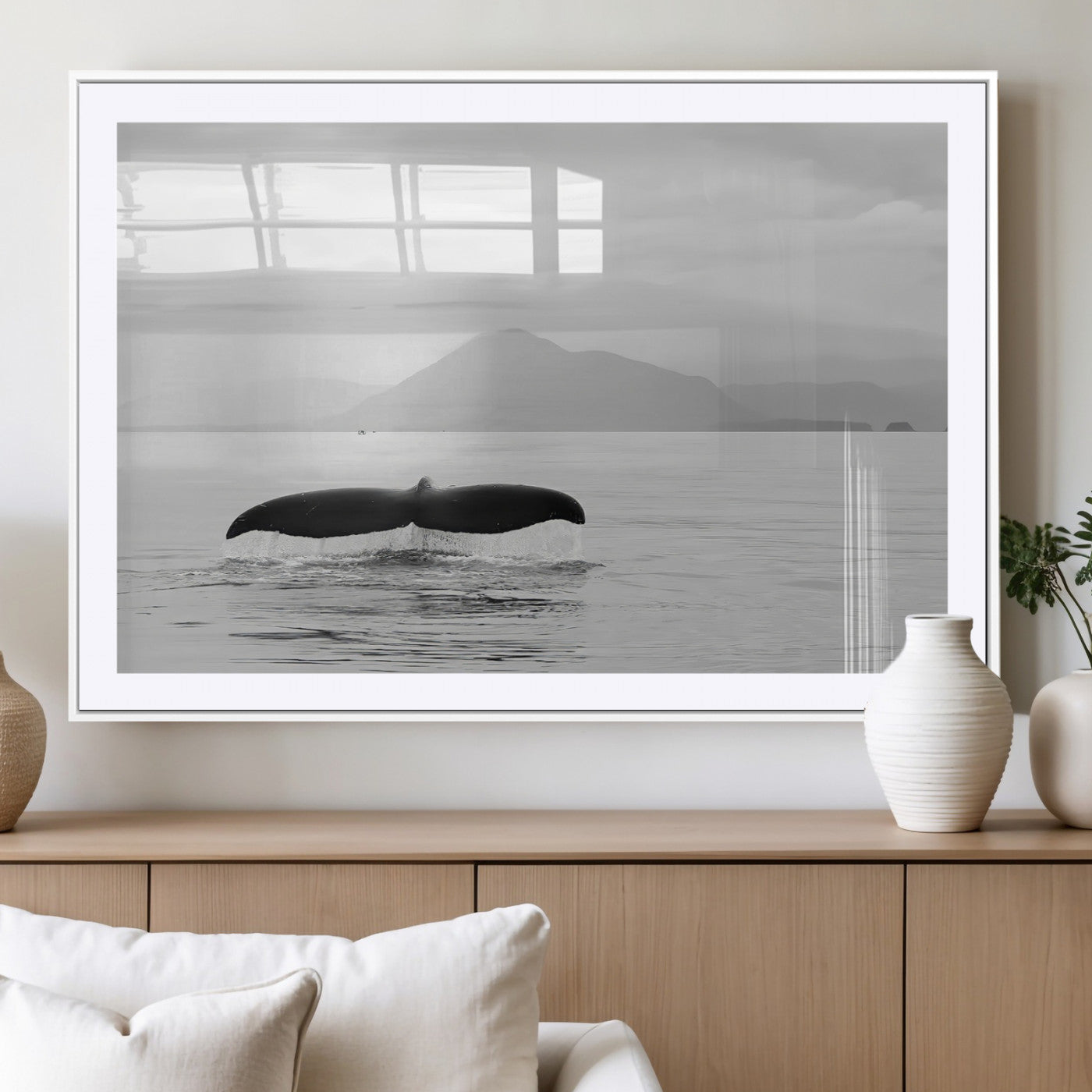 MGC-FP-36x24 - Whale Tail Wall Art Canvas Print, Framed Black White Ocean Art Picture Print, Calm Marine Perfect Minimalist Coastal Decor Artwork