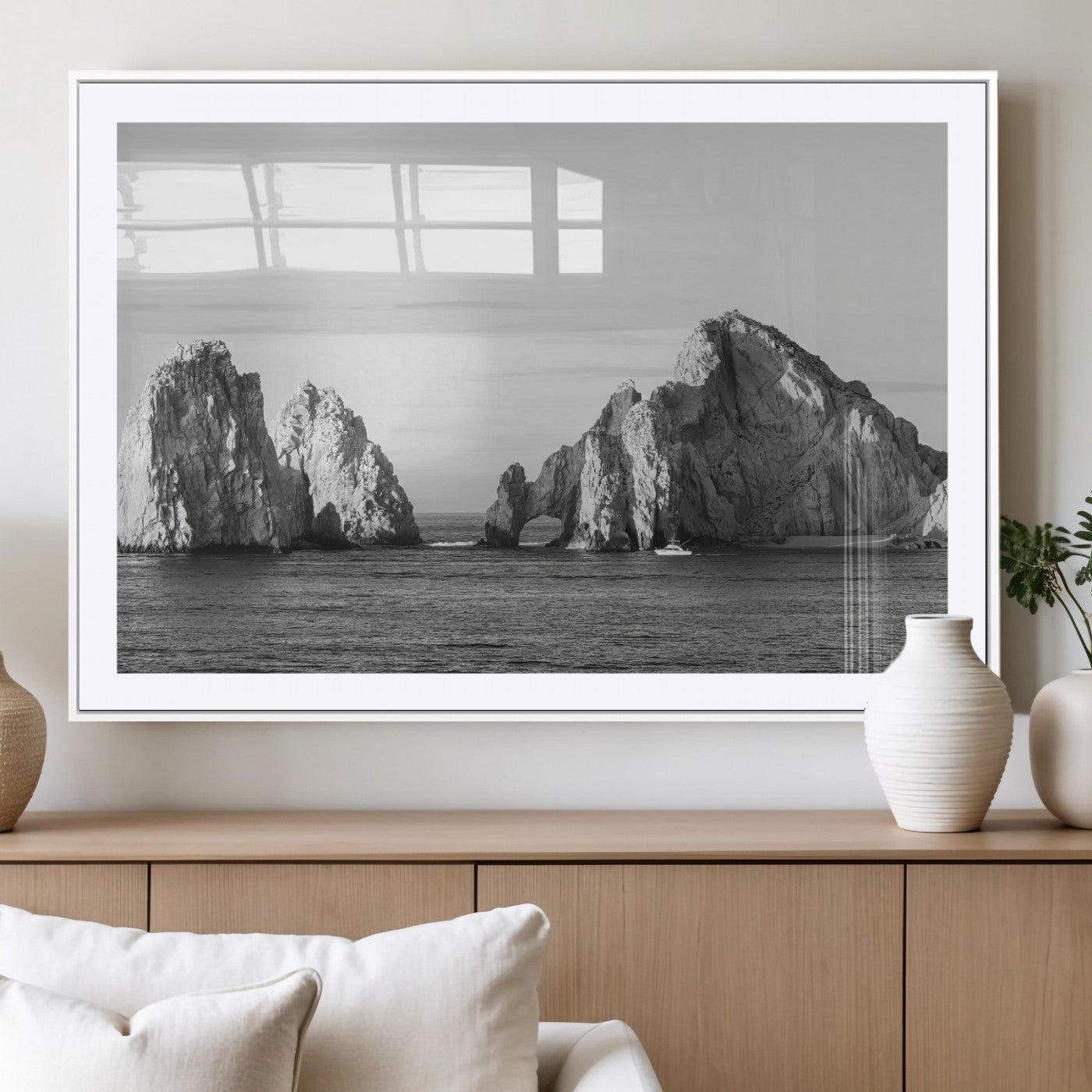MGC-FP-36x24 - Rugged Coastline Wall Art Canvas Print, Framed Ocean Cliffs Art Picture Print, Monochrome Seascape Perfect Coastal Minimalist Decor Artwork