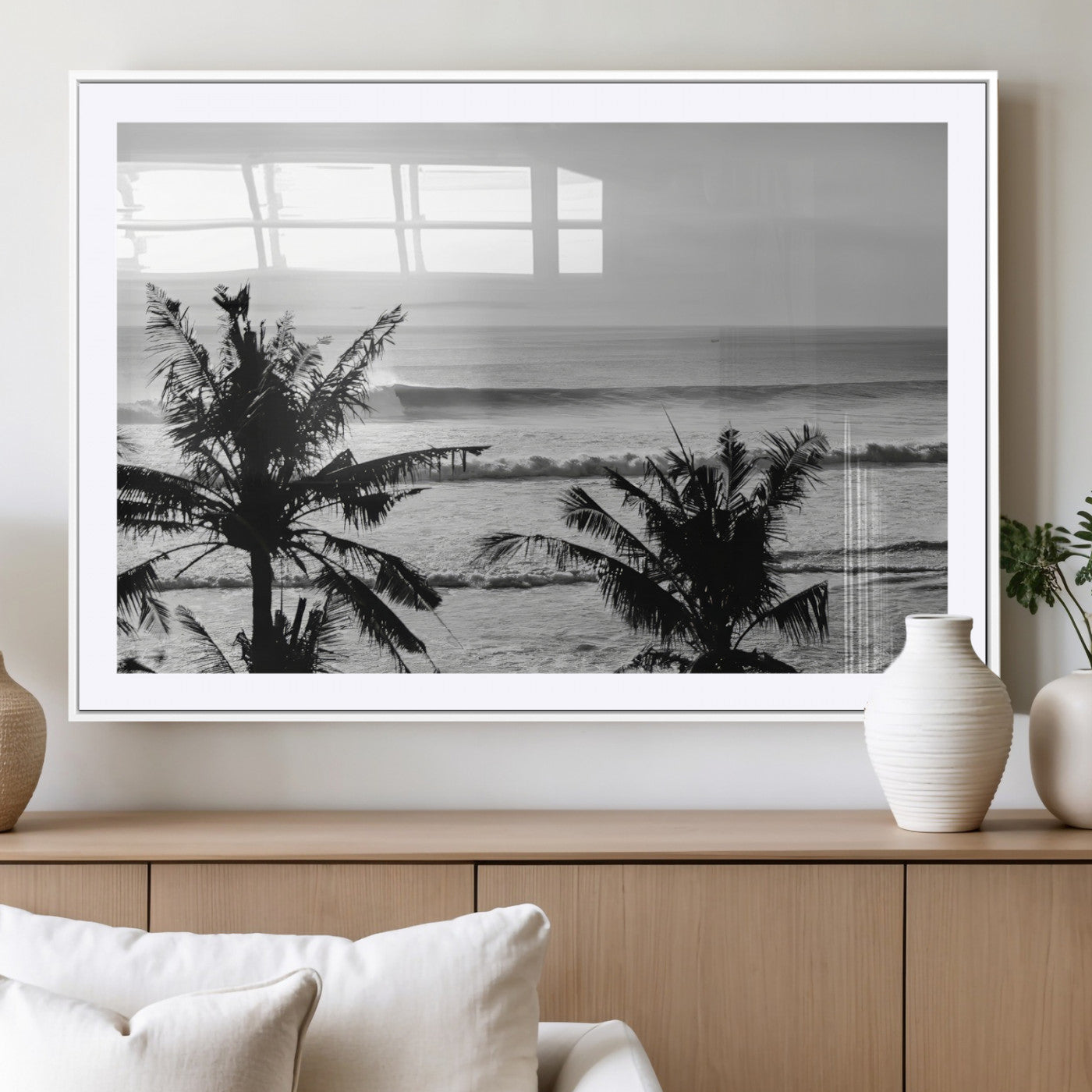 17508038-MGV-CV-36X24-Tropical Coastline Wall Art Canvas Print – Framed Palm Trees Scene with Ocean Waves Artwork for Home, Office
