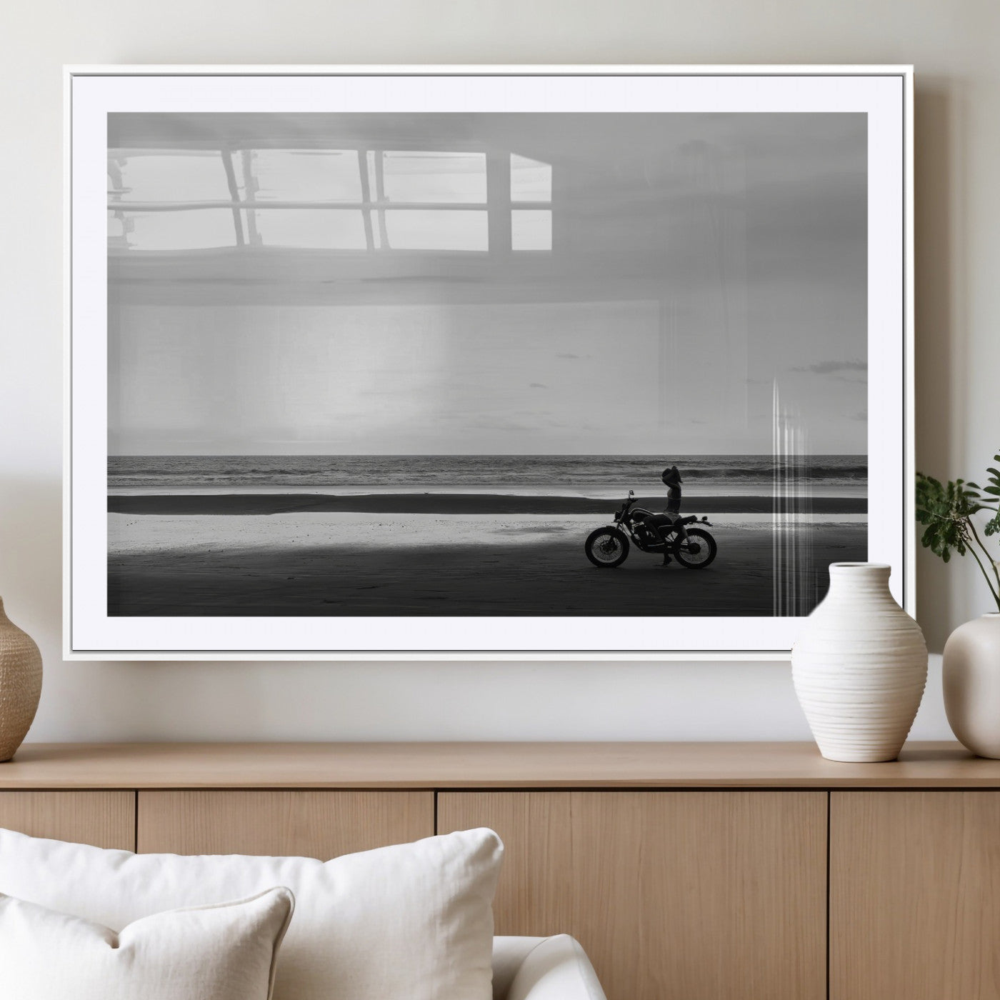 84739358-MGV-CV-36X24-Motorcycle Beach Wall Art Canvas Print – Framed Vintage Motorcycle Scene with Biker Silhouette Artwork for Home, Office