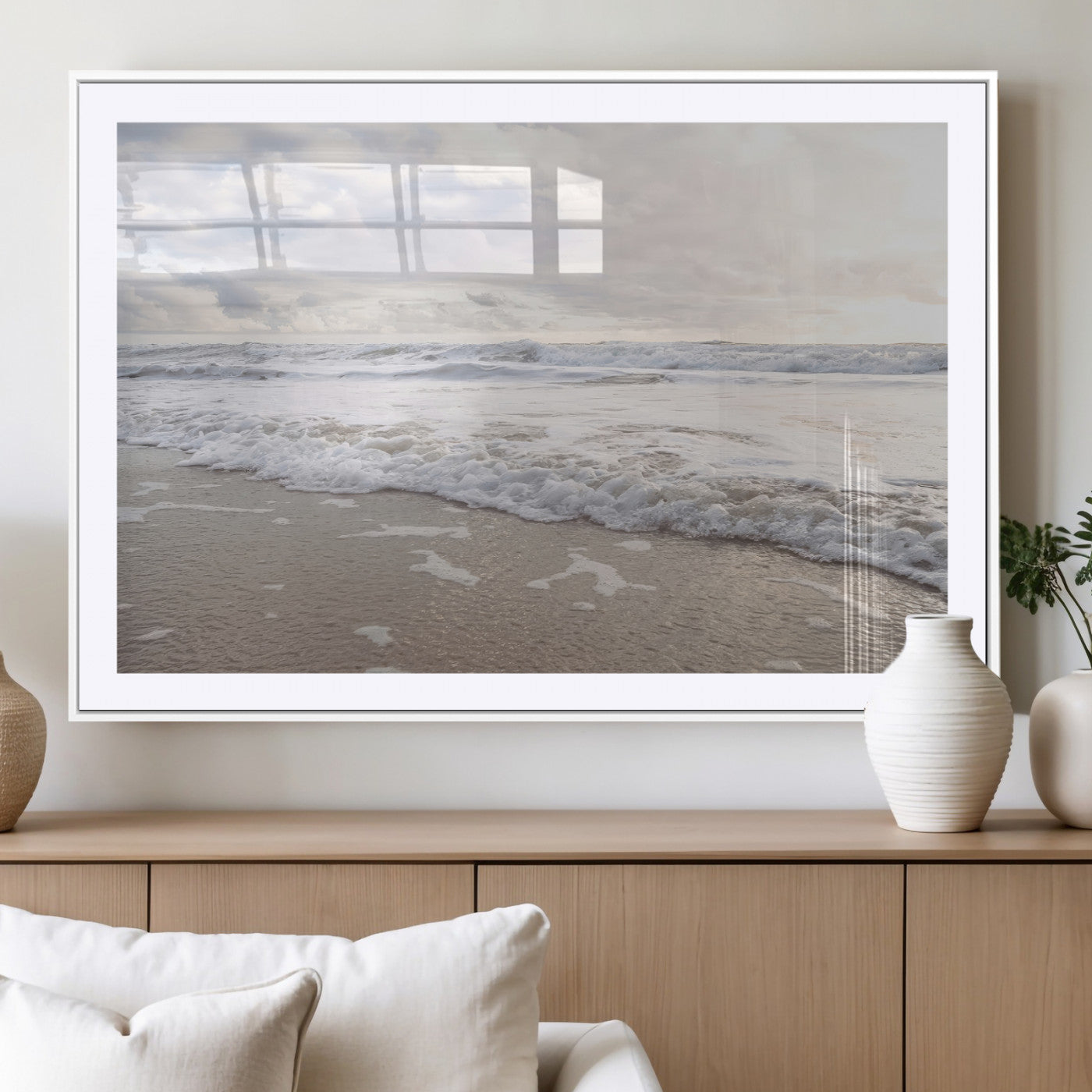 70596264-MGC-FP-36x24_White-Ocean Waves Wall Art Canvas Print – Framed Coastal Shoreline Scene with Sea Foam Artwork for Home, Office