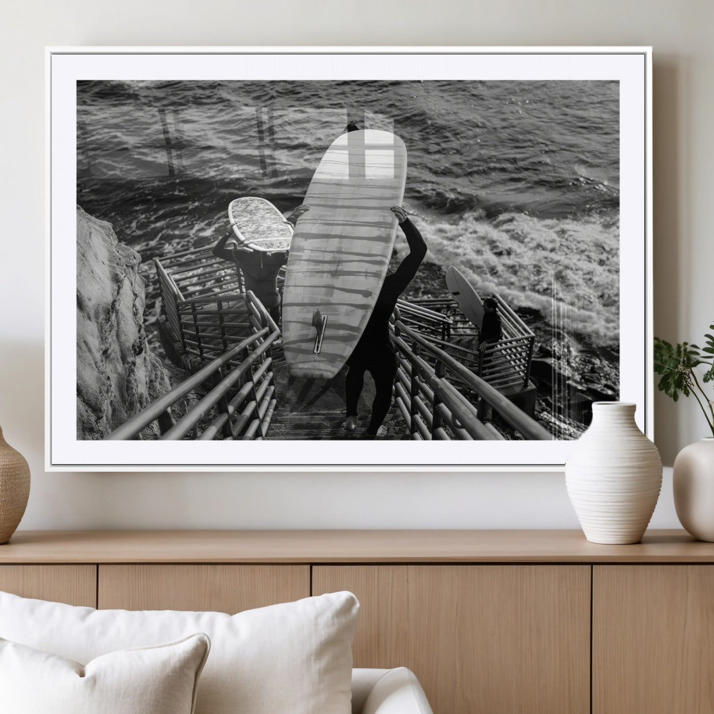 32353707-MGC-FP-36x24_White-Black and White Surfing Wall Art Canvas Print – Framed Coastal Wave Riders Adventure Artwork for Home, Office