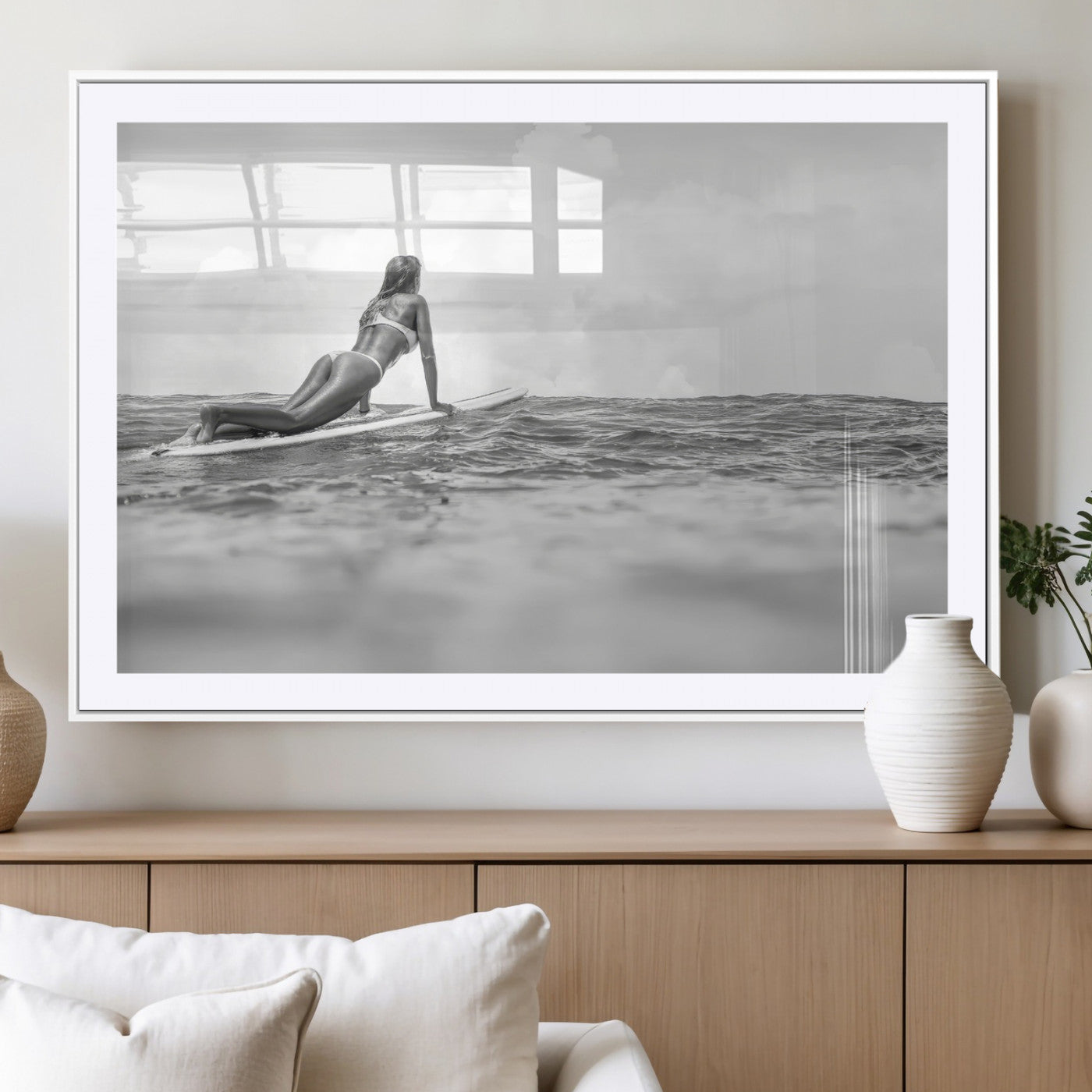 69798068-MGC-FP-36x24_White-Black and White Surfing Wall Art Canvas Print – Framed Ocean Horizon with Surfer Girl Coastal Adventure Artwork for Home, Office