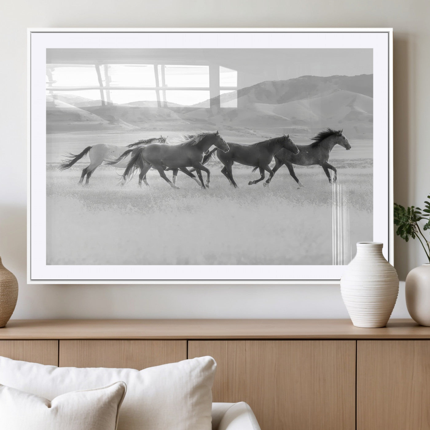 MGC-FP-36x24 - Wild Horses Wall Art – Black & White Canvas Print of Herd Running, Nature in Motion, Freedom & Beauty Decor for Guest Room, Office or Living Room