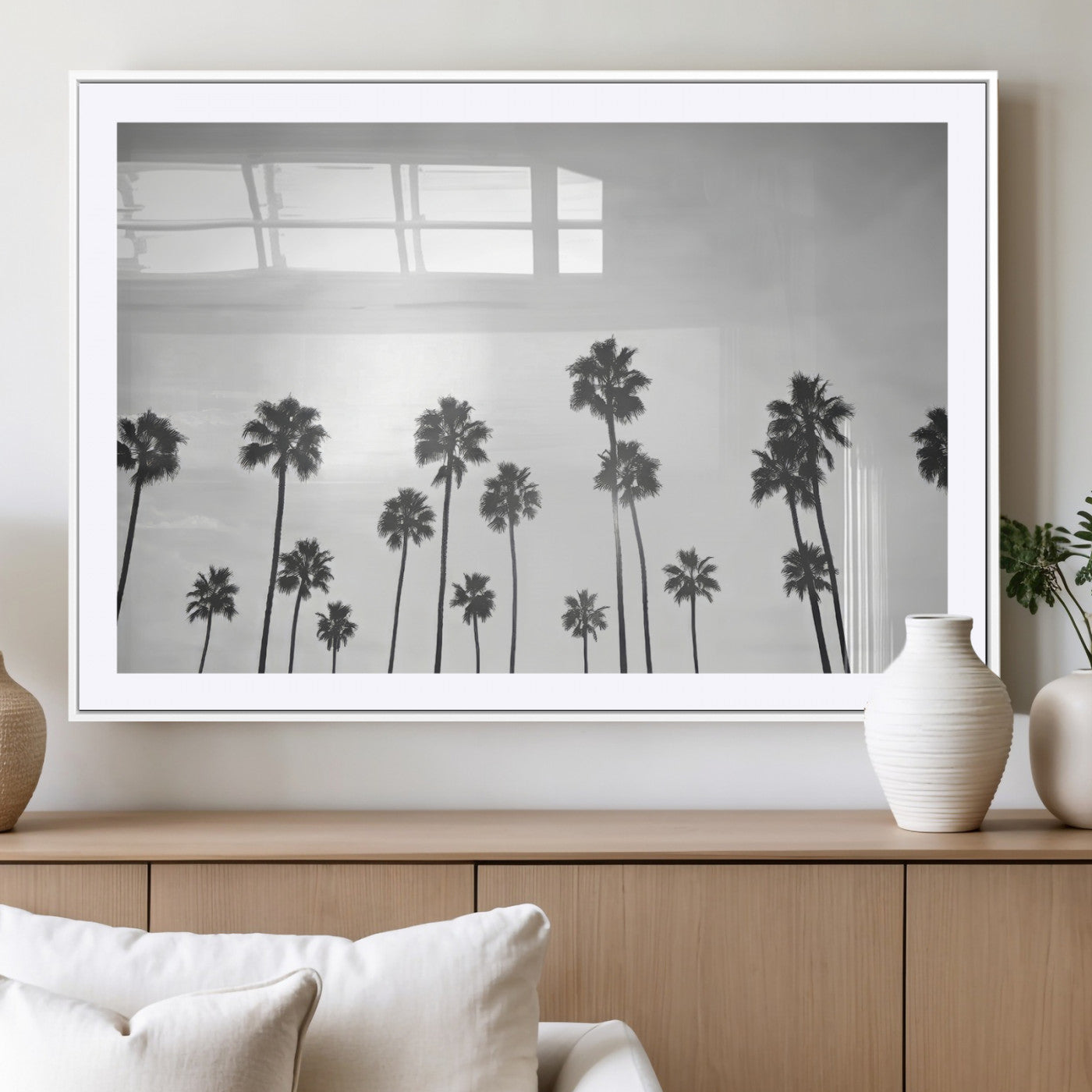 62298277-MGV-CV-36X24-Monochrome Palms Wall Art Canvas Print – Framed Minimalist Silhouetted Trees Artwork for Home, Office, Living Room