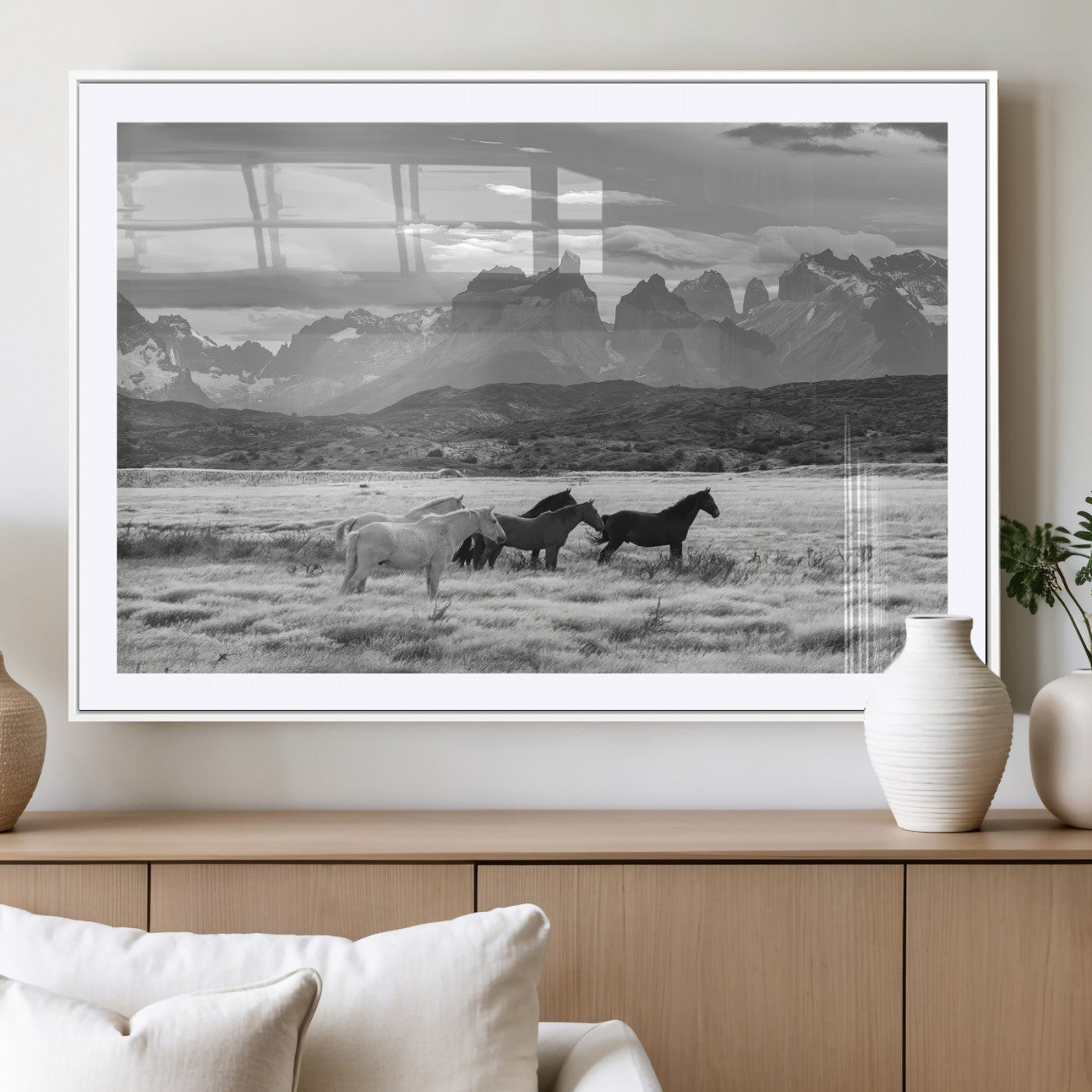 MGC-FP-36x24 - Wild Horses Wall Art Canvas Print, Framed Black White Mountains Art Picture Print, Rustic Countryside Perfect Rustic Western Decor Artwork