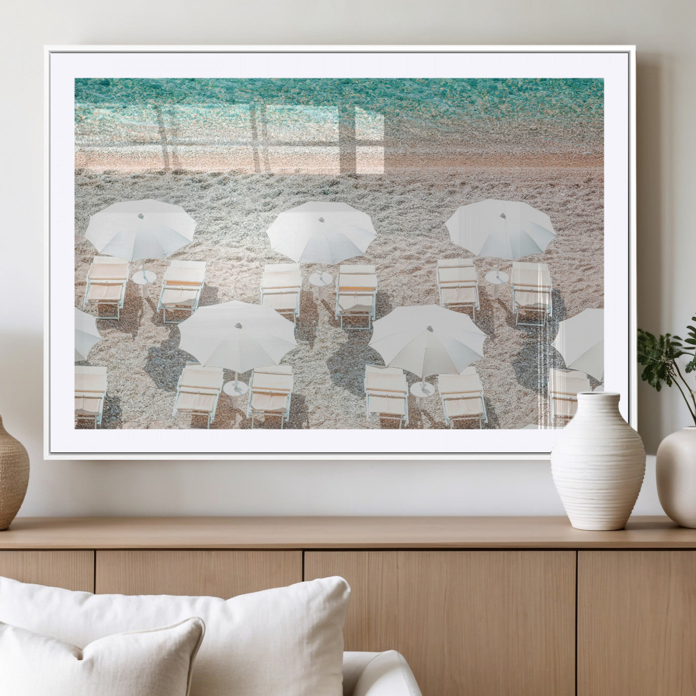 MGC-FP-36x24 - Calm Beach Wall Art Canvas Print, Framed Turquoise Water Art Picture Print, Umbrella Shoreline Perfect Coastal Minimalist Decor Artwork