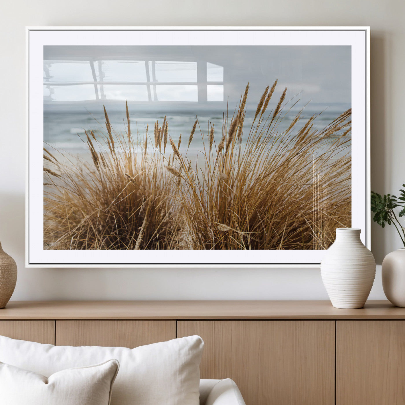 14270839-MGV-CV-36X24-Beach Grass Wall Art – Framed Coastal Dunes Canvas Artwork, Minimal Seaside Design, Modern Coastal Decor for Home, Office