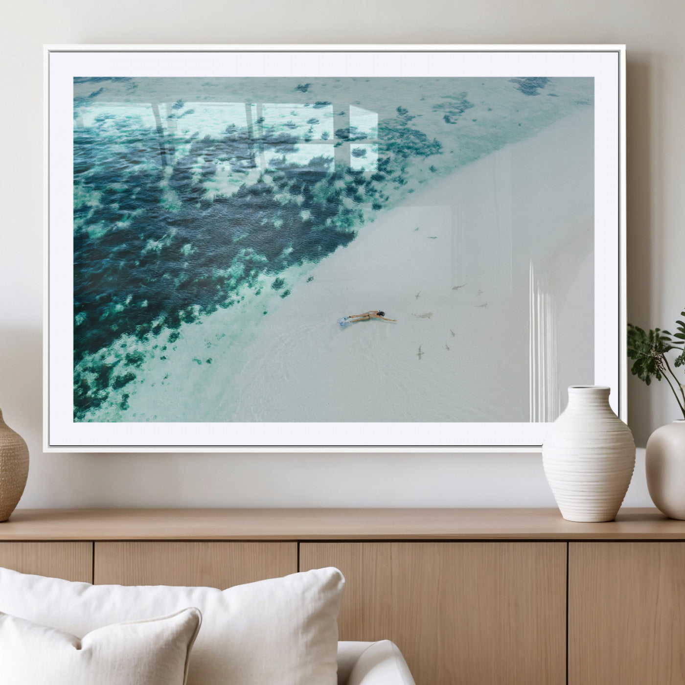 33764764-MGV-CV-36X24-Minimal Beach Wall Art – Framed Ocean Swimming Canvas Artwork, Clear Blue Sea Design, Modern Coastal Decor for Home, Office