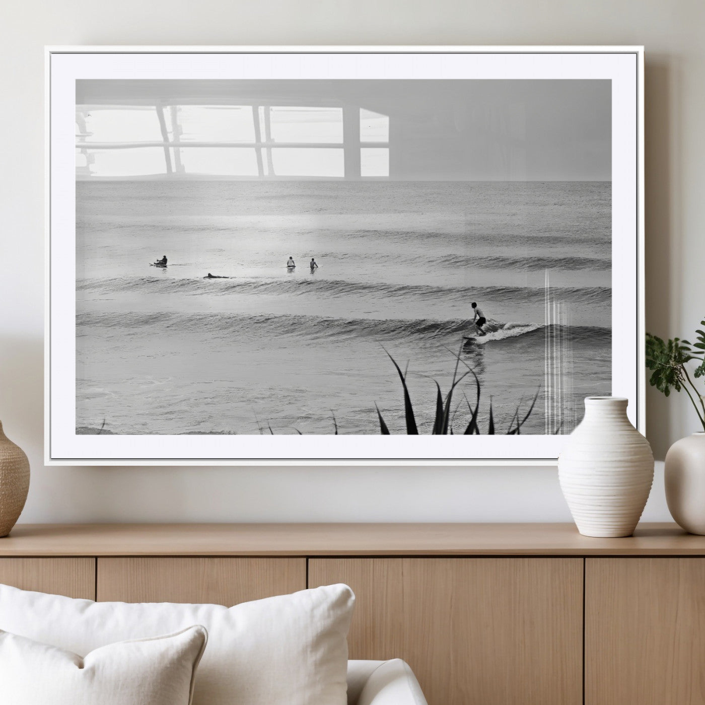 33821421-MGV-CV-36X24-Surfer Silhouette Wall Art – Framed Calm Ocean Canvas Artwork, Monochrome Minimal Design, Modern Coastal Decor for Home, Office