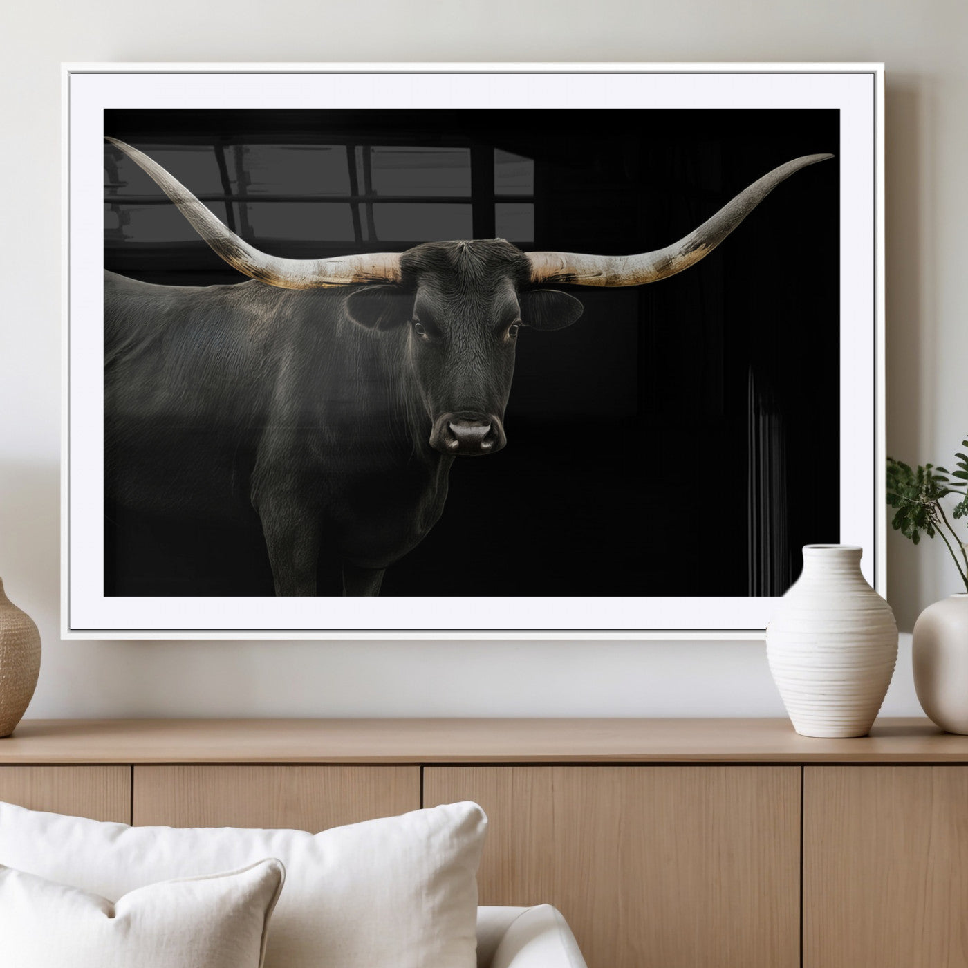 99448328-MGV-CV-36X24 - Longhorn Cattle Wall Art Canvas Print, Framed Texas Black Bull Art Picture Print, Western Cow Perfect Farmhouse Decor Artwork