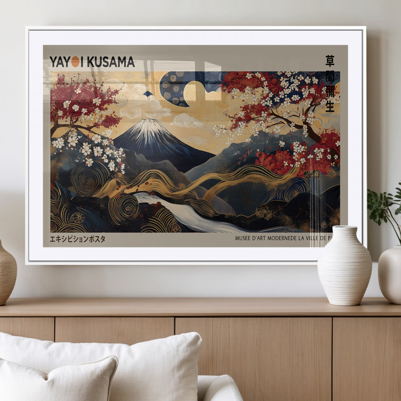 54967195-MGC-FP-36x24_White-Modern Japanese Wall Art Canvas Print – Framed Abstract Mount Fuji Scene with Yayoi Kusama Japanese Artwork for Home, Office