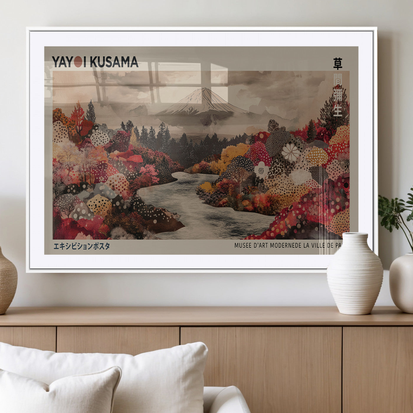 90660838-MGV-CV-36X24-Modern Japanese Wall Art Canvas Print – Framed Abstract Mount Fuji Scene with Yayoi Kusama Artwork for Home, Office