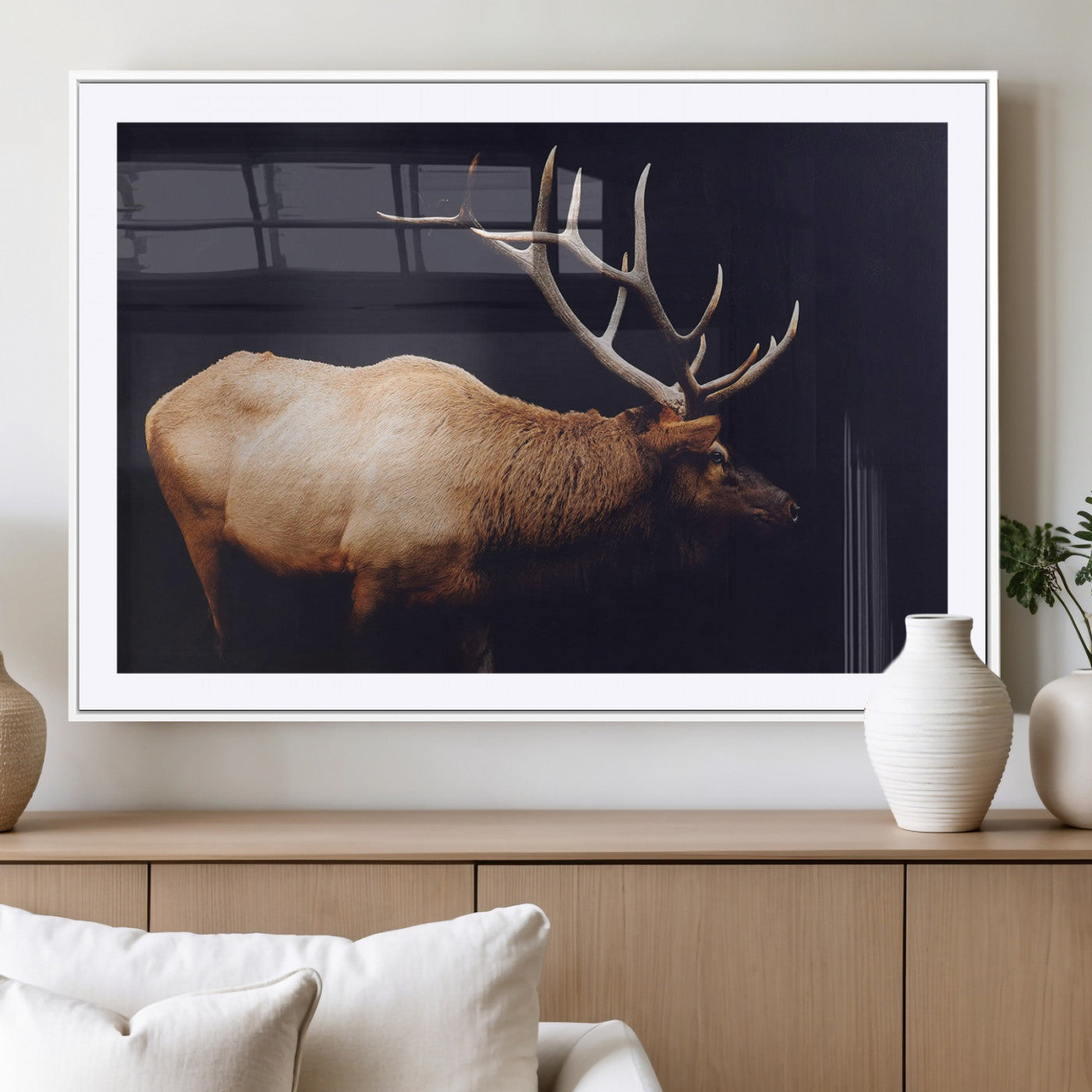 89239257-MGV-CV-36X24 - Rustic Elk Wall Art Canvas Print – Framed Moody Wildlife Art Picture Western Animal Artwork for Home, Office Decor