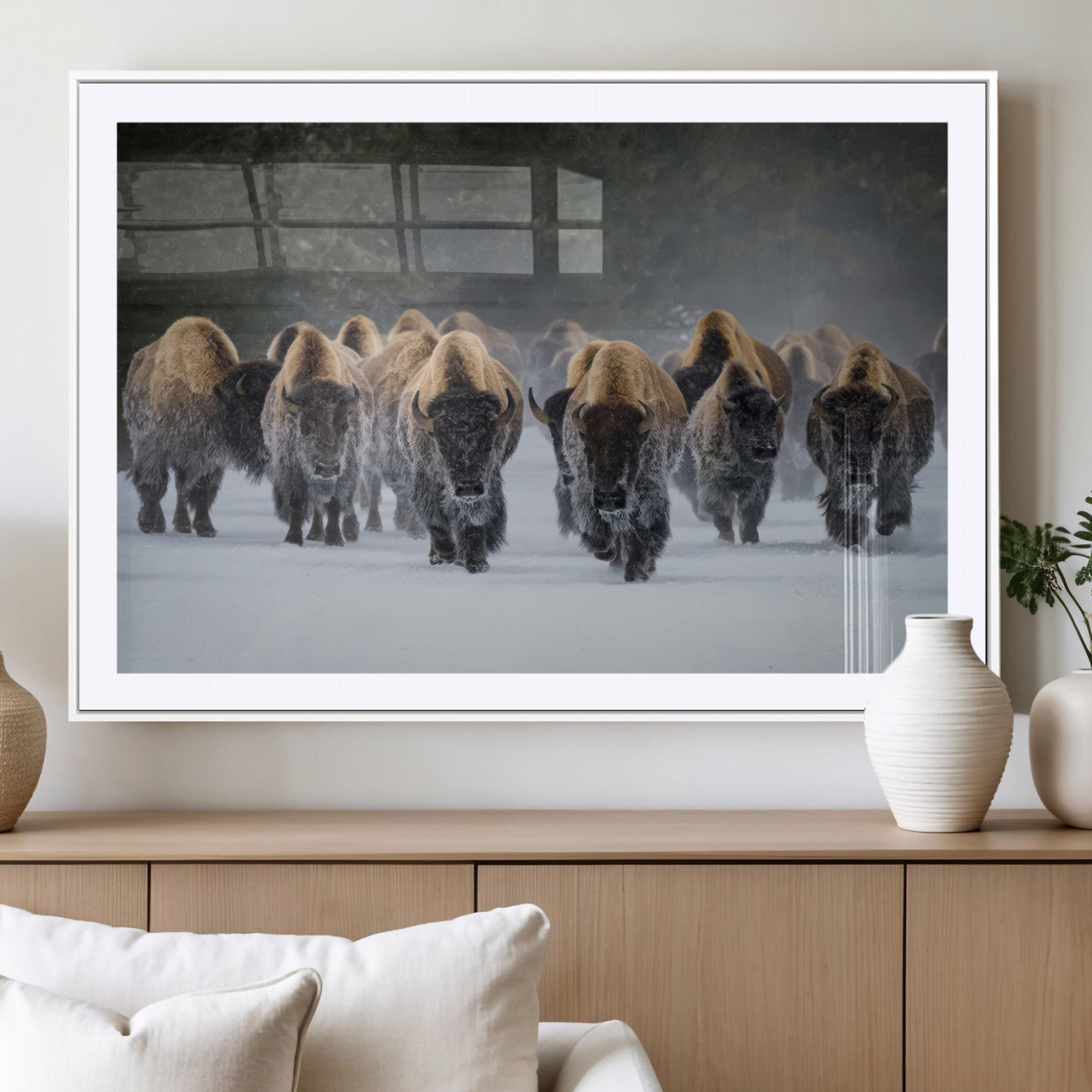 41669135-MGV-CV-36X24 - Winter Bison Herd Wall Art – Majestic Buffalo Charge Canvas Print with Snow Covered Plains, Rustic Wildlife Strength and Untamed Nature Decor for Home and Office