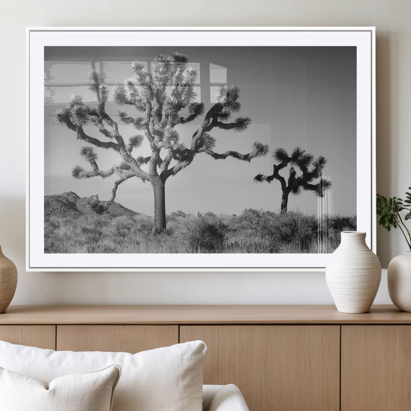 93692513-MGC-FP-36x24_White-Joshua Tree Wall Art Canvas Print – Framed Monochrome Desert Minimalist Nature Scene Southwestern Artwork for Home Office