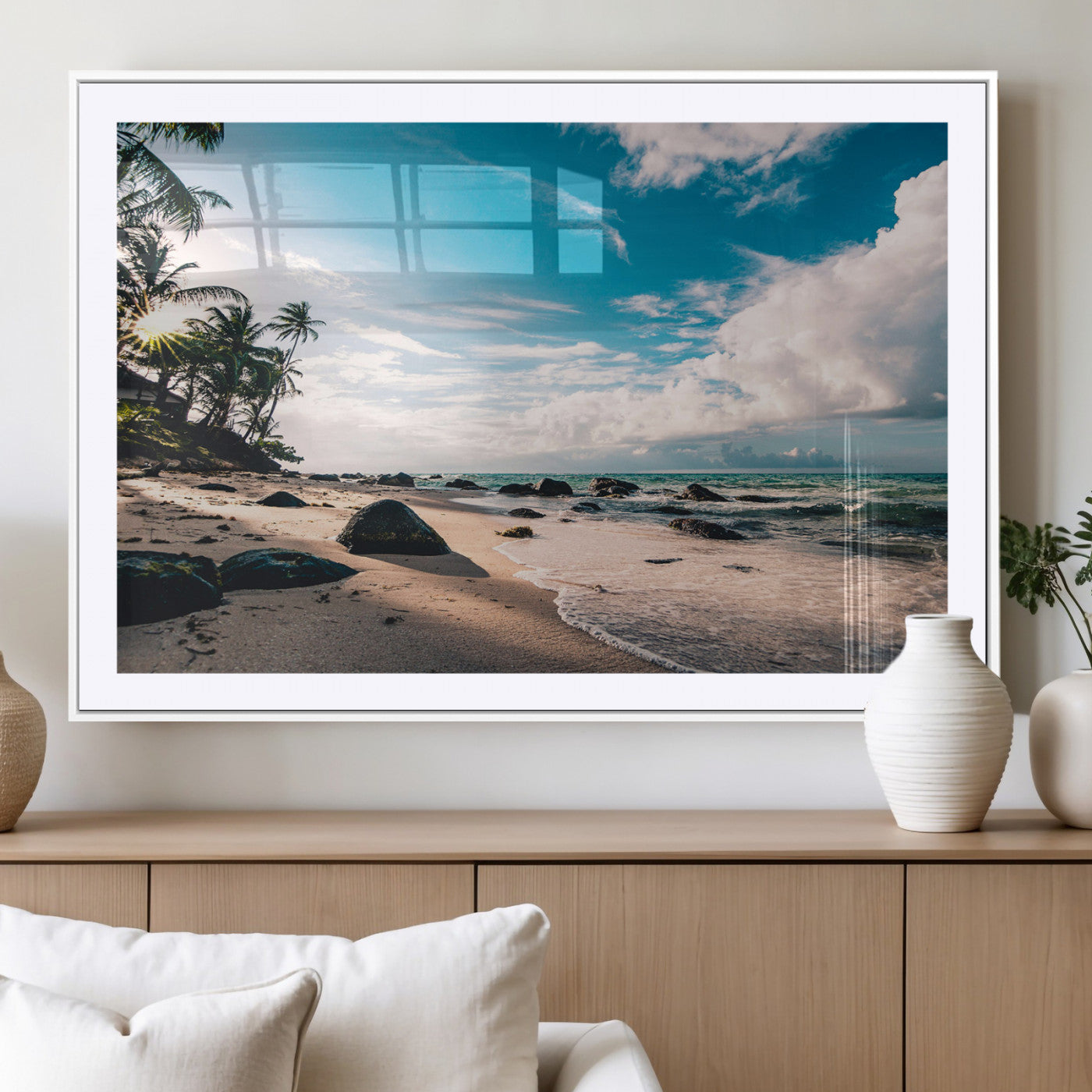 95301406-MGC-FP-36x24_White-Tropical Beach Wall Art Canvas Print – Framed Ocean Waves Relaxing Seascape Coastal Nature Scene Artwork for Home Office