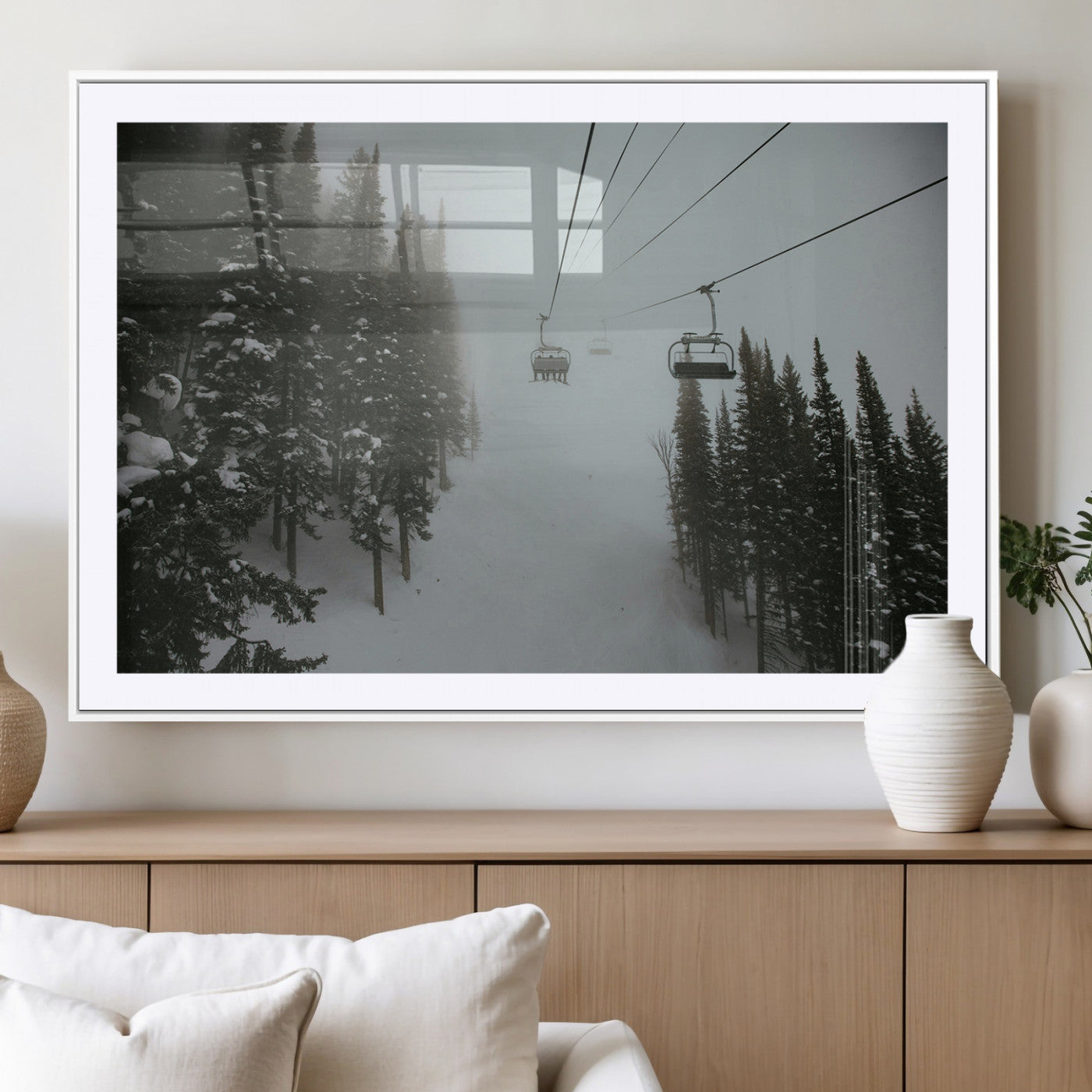 87018452-MGV-CV-36X24-Ski Lift Wall Art Canvas Print – Snowy Pines Misty Landscape Winter Serenity Artwork for Home, Office Decor