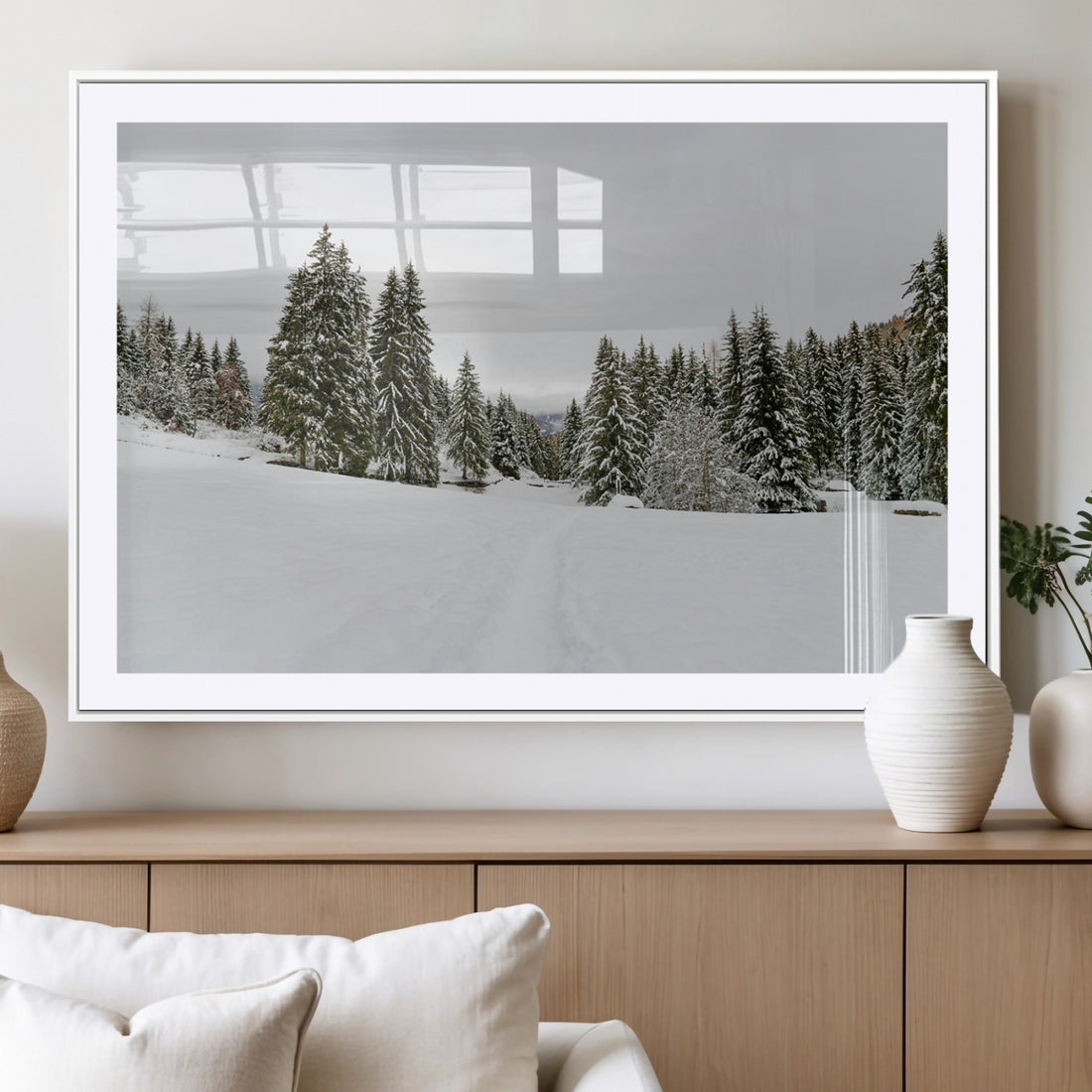 Frosty Pines Wall Art Canvas Print, Framed Silent Snowfall Winter Woodland Artwork