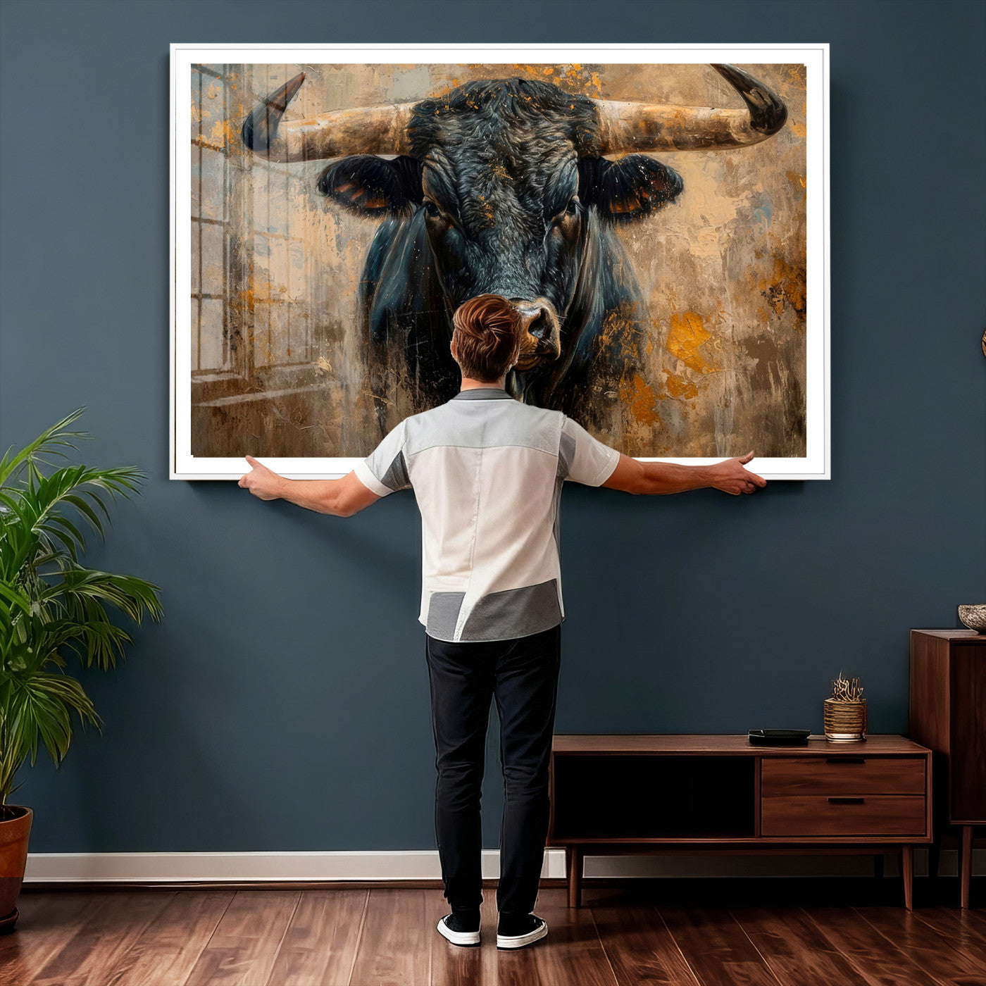 91615410-MGV-CV-36X24 - Abstract Texas Longhorn Bull Wall Art – Rustic Farmhouse Canvas Print, Western Cabin Style Decor, Large Animal Artwork for Living Room or Office