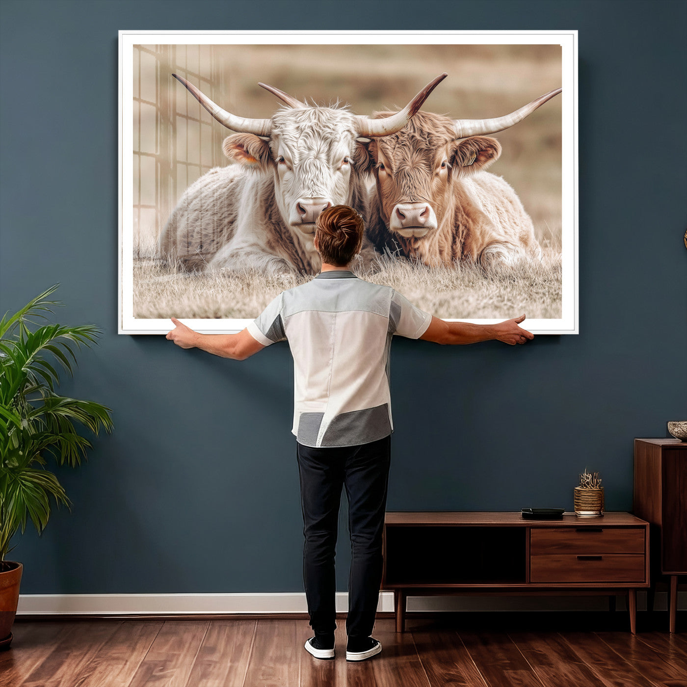 38651722-MGV-CV-36X24 - Highland Cows Meadow Canvas Wall Art – Peaceful Cow Photography Print, Rustic Farmhouse Animal Decor for Country Home, Living Room, Office