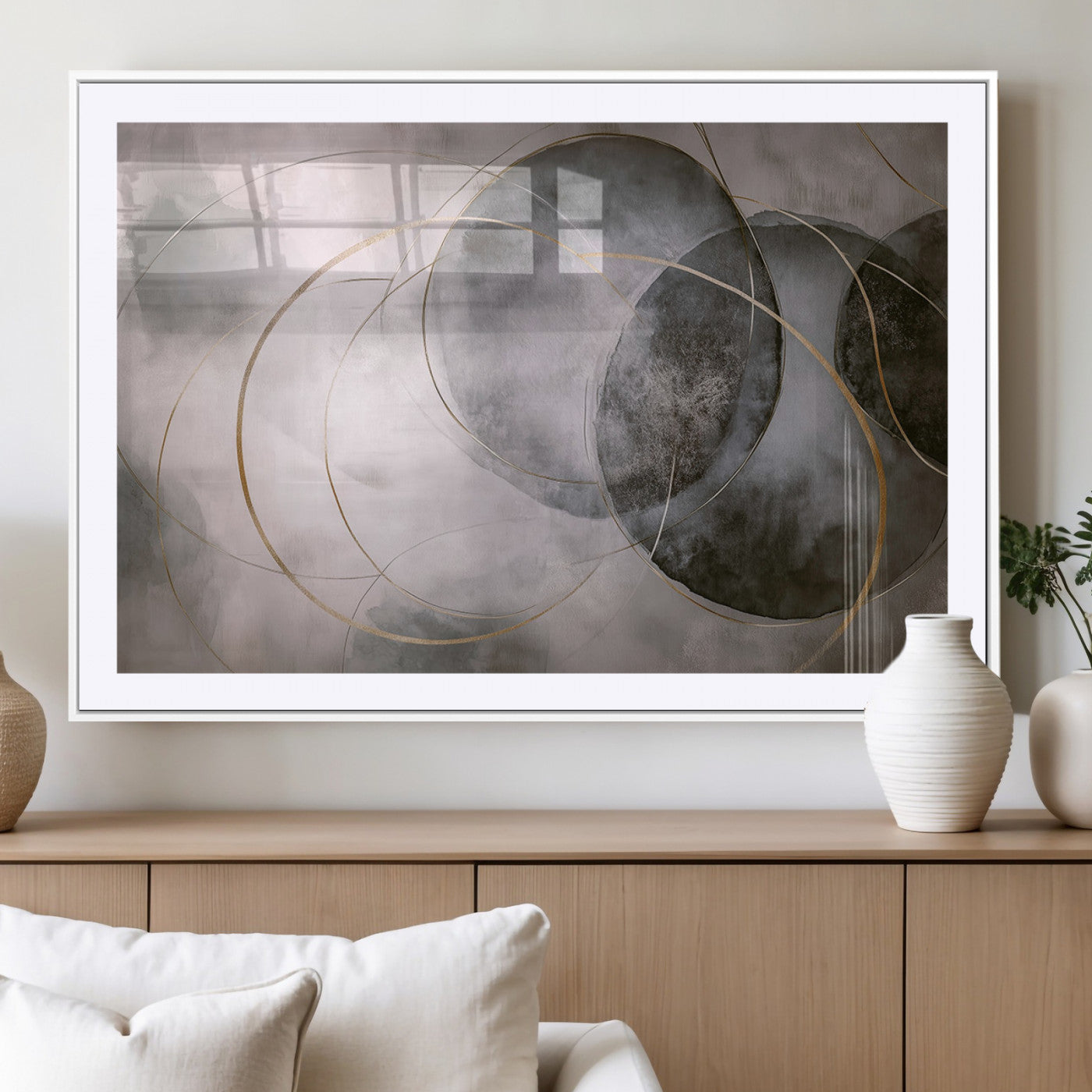 20066876-MGV-CV-36X24-Abstract Grey Gold Circle Wall Art – Modern Geometric Canvas Artwork, Minimal Elegant Design, Luxury Wall Decor for Home, Office