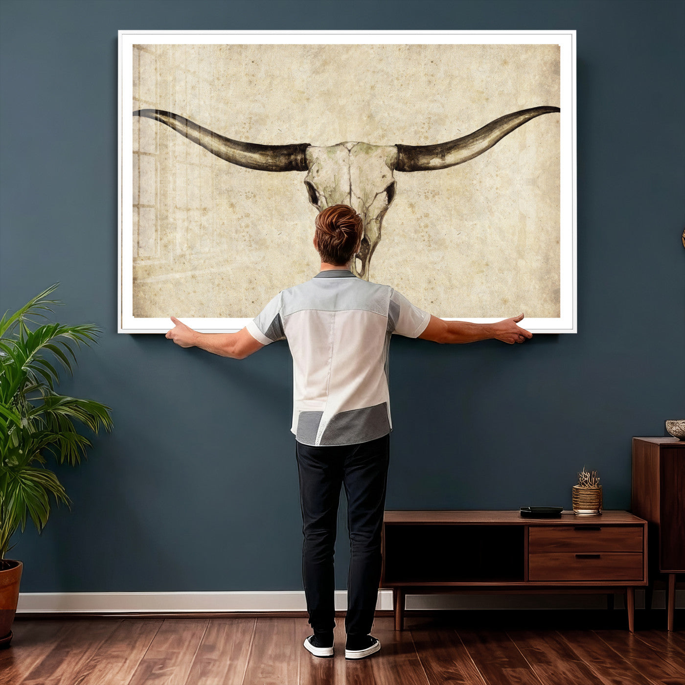 42788678-MGV-CV-36X24 - Longhorn Skull Wall Art Canvas Print – Rustic Western Artwork Print for Living Room Wall Decor