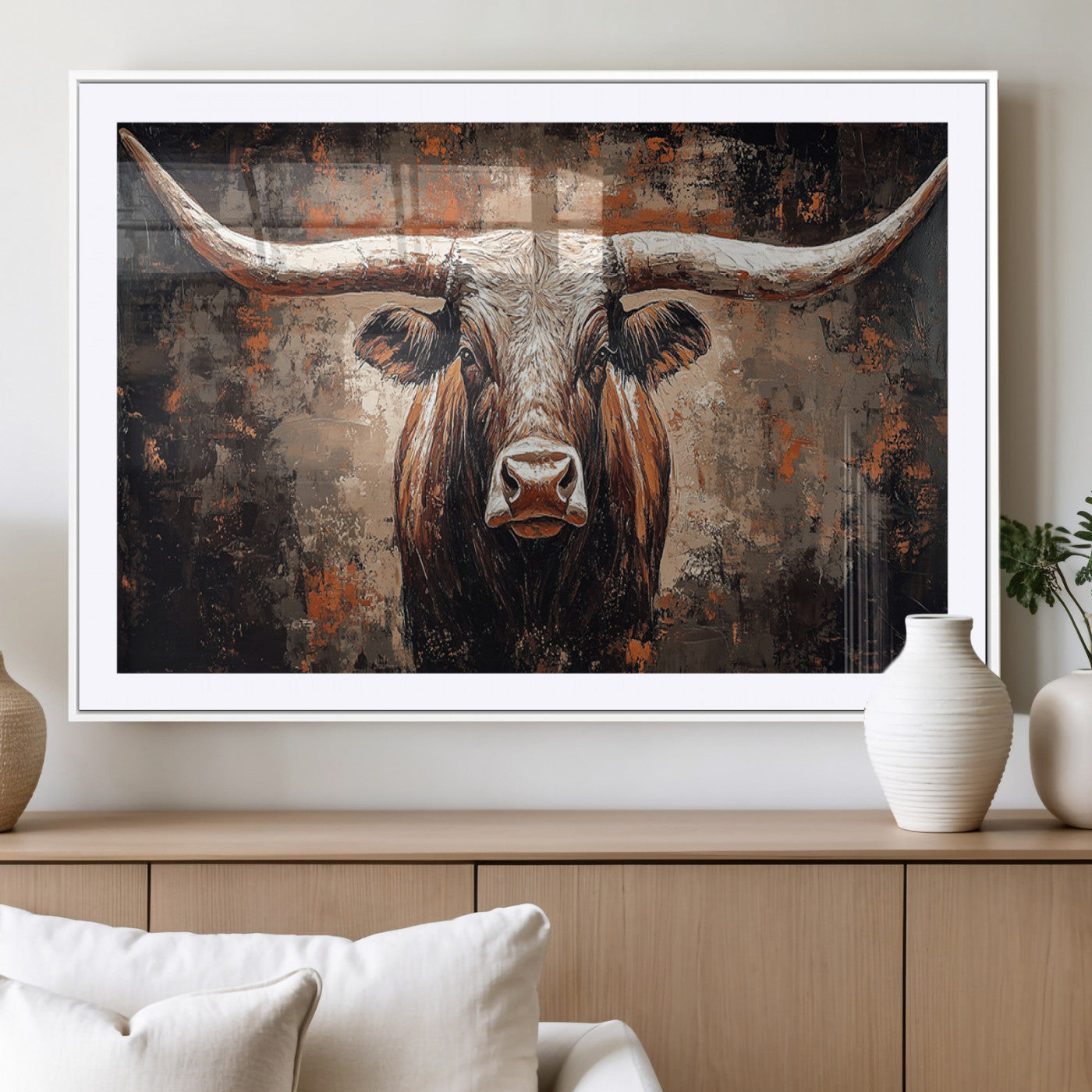42732393-MGV-CV-36X24-Rustic Longhorn Bull Wall Art Canvas Print – Vintage Western Cattle Scene, Texas Steer Artwork for Home, Office