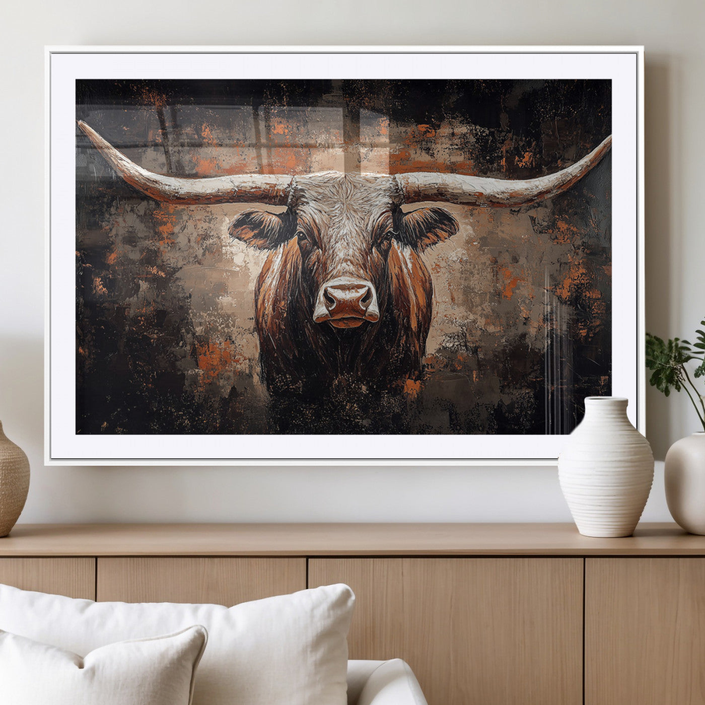 24779067-MGV-CV-36X24-Rustic Longhorn Bull Wall Art Canvas Print – Vintage Western Cattle Scene, Texas Steer Artwork for Home, Office