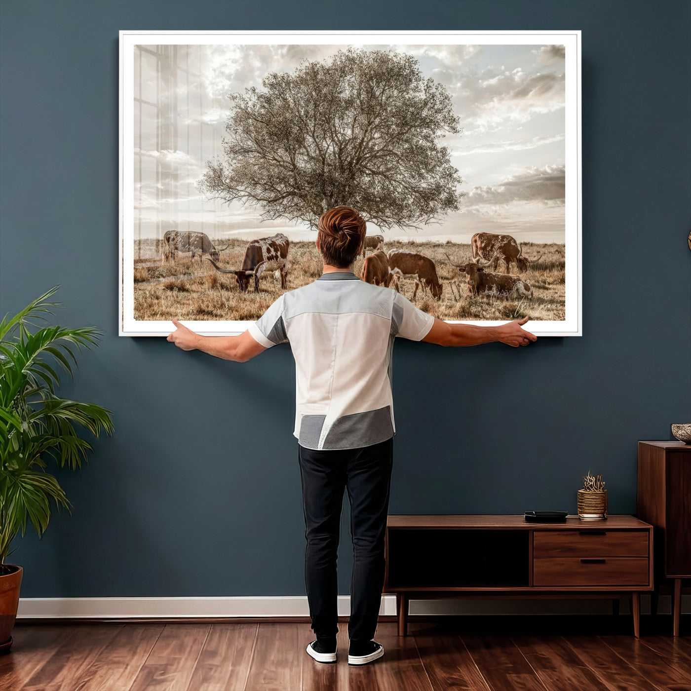 87590224-MGV-CV-36X24 - Texas Longhorn Cattle Wall Art Canvas Print – Rustic Western Ranch Scene with Steers at Sunset, Perfect for Farmhouse or Cowboy Decor