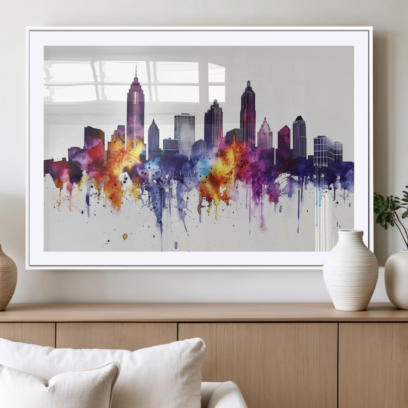 34479880-MGV-CV-36X24-Atlanta Skyline Wall Art Canvas Print – Framed Colorful Watercolor Cityscape Artwork for Home, Office, Living Room