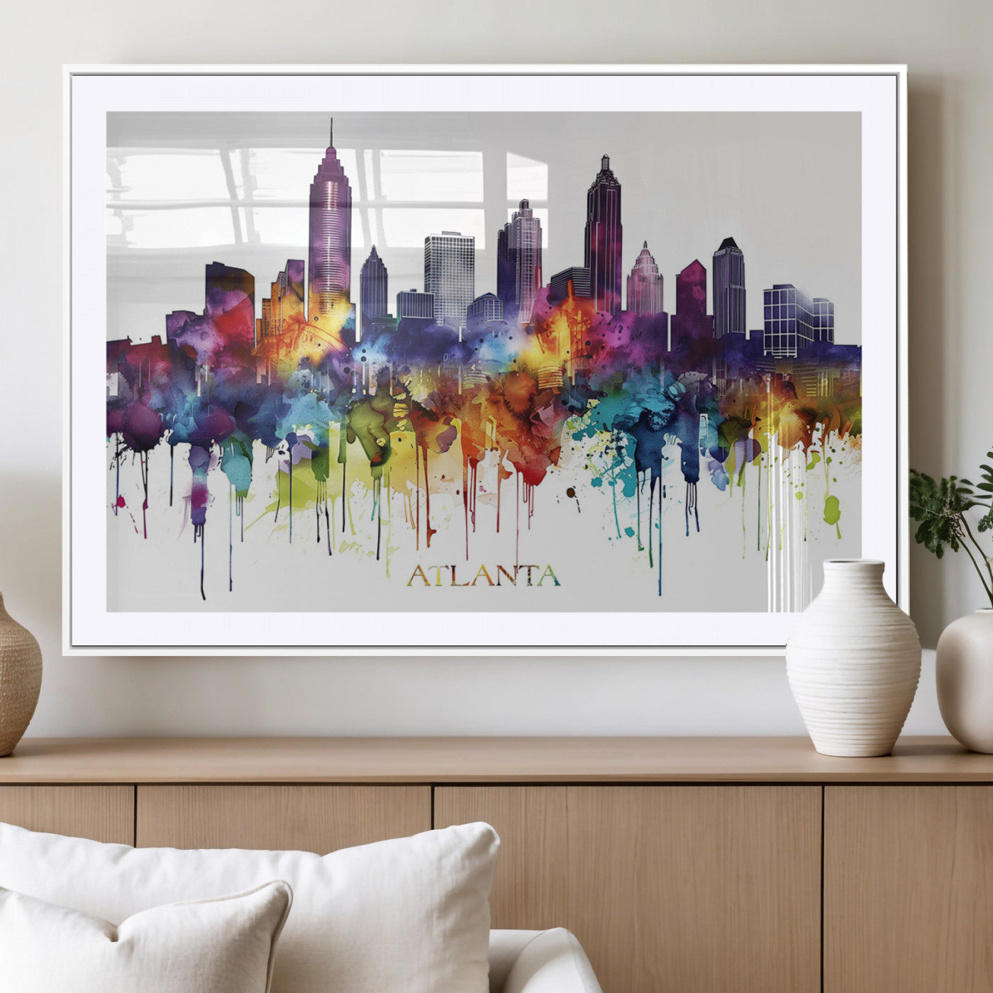 36048320-MGC-FP-36x24_White-Atlanta Skyline Wall Art Canvas Print – Framed Colorful Watercolor Cityscape Abstract Urban Artwork for Home, Office