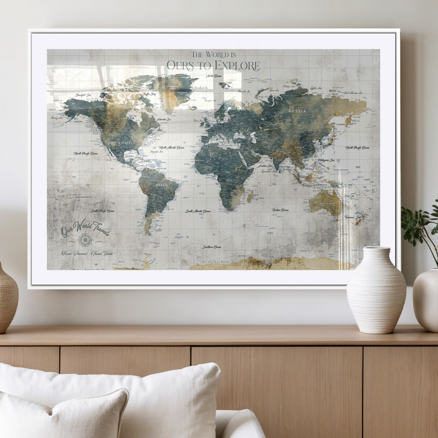 14988581-MGC-FP-36x24 - Custom Push Pin World Map Wall Canvas Print – Personalized Travel Tracker with Pins – Framed Custom Quotie Canvas for Home Office Decor
