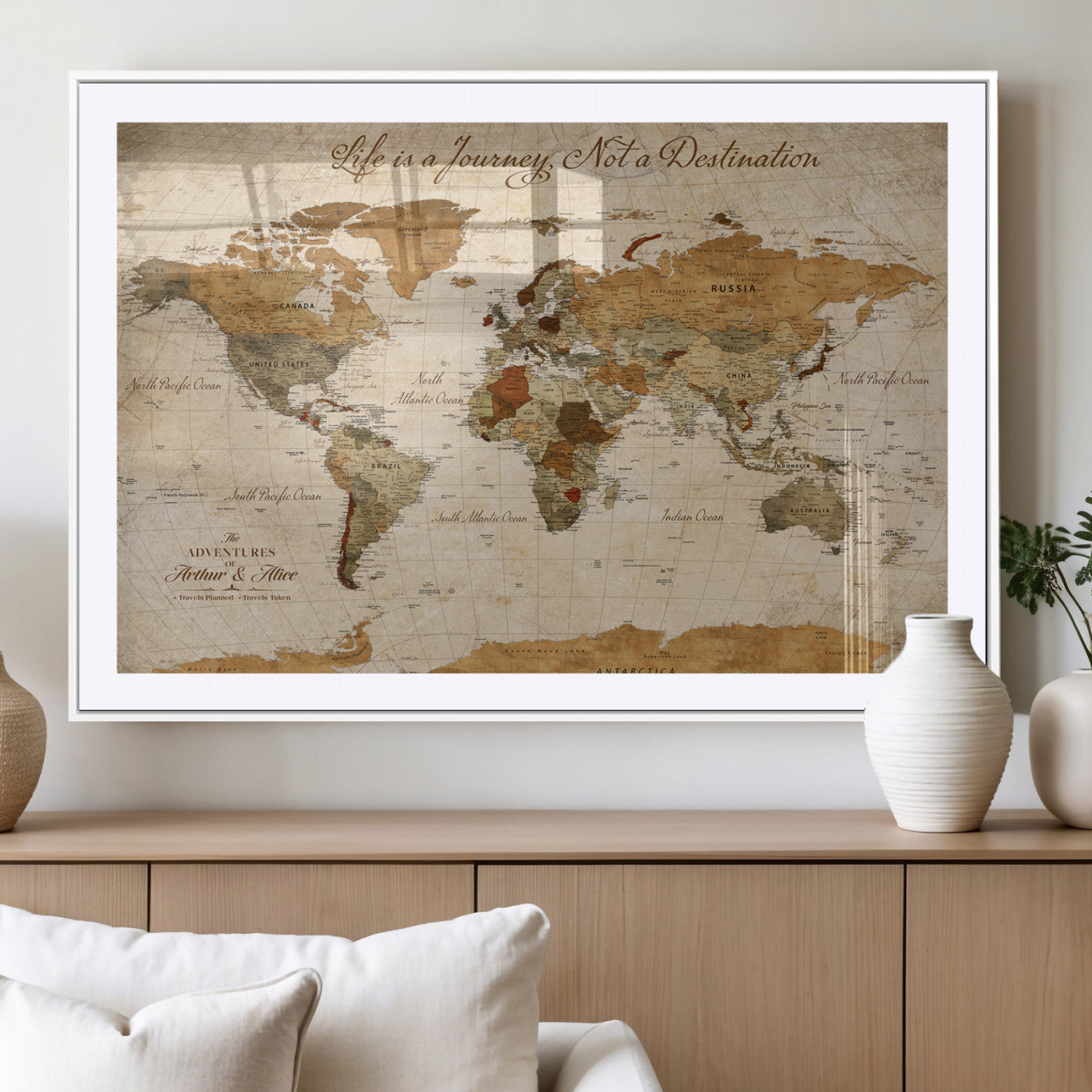 79036691-MGV-CV-36X24-Personalized World Map Canvas Wall Art – Custom Framed Push Pin Travel Tracker Print, Unique Gift for Home or Office Decor