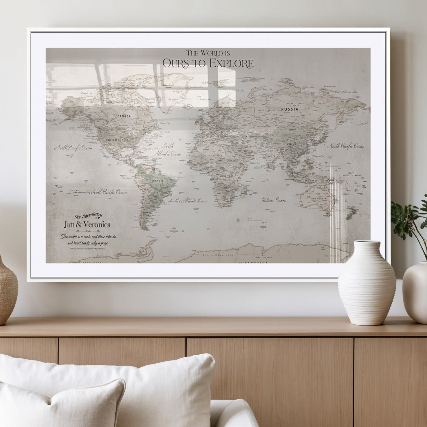 -Personalized Push Pin World Map Wall Art Canvas Print – Custom Framed Travel Tracker Gift for Couples or Family for home, office