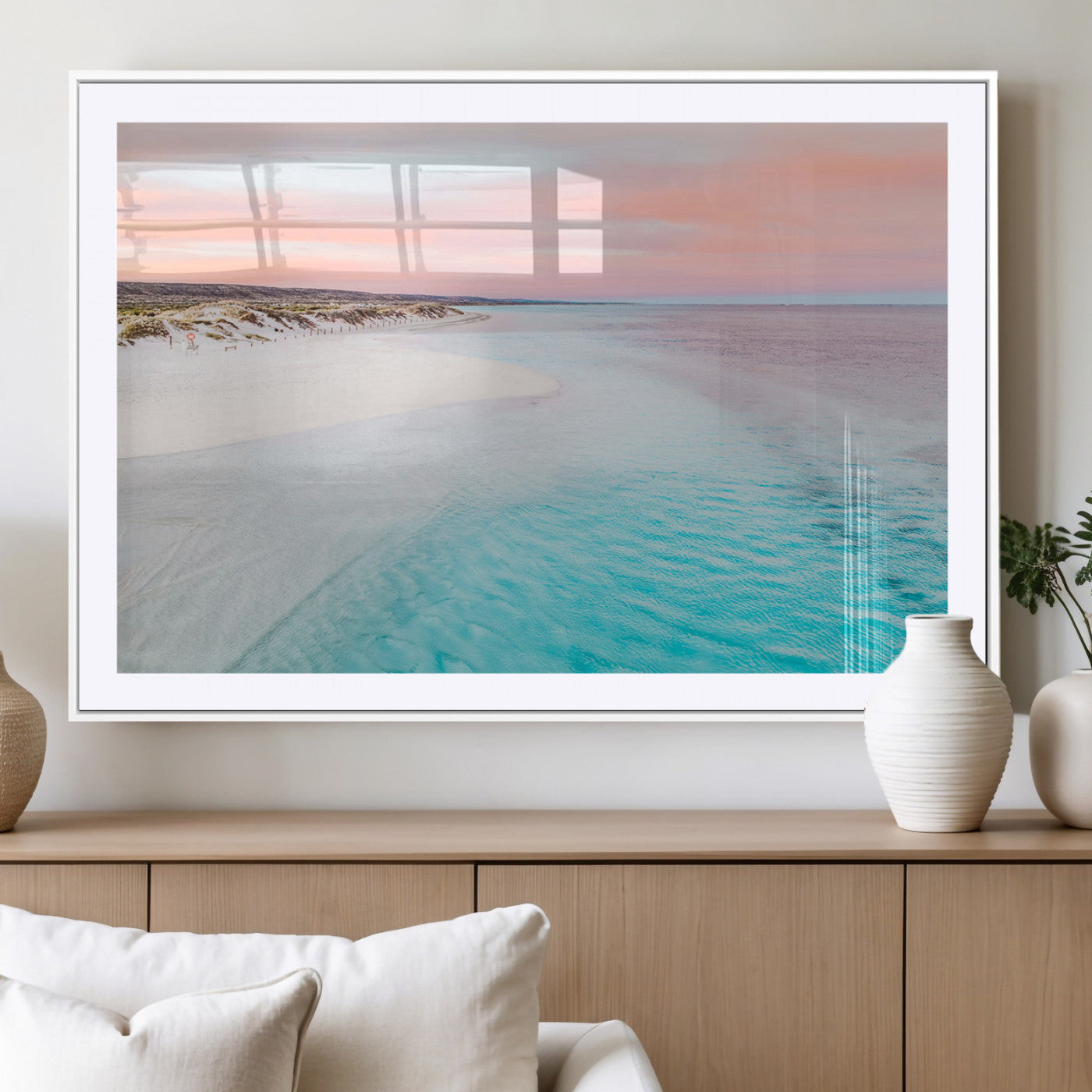 41613614-MGC-FP-40x30_White-Serene Pastel Beach Wall Art Canvas Print, Tranquil Coastal Sunset with Soft Ocean Hues Artwork for Home, Office