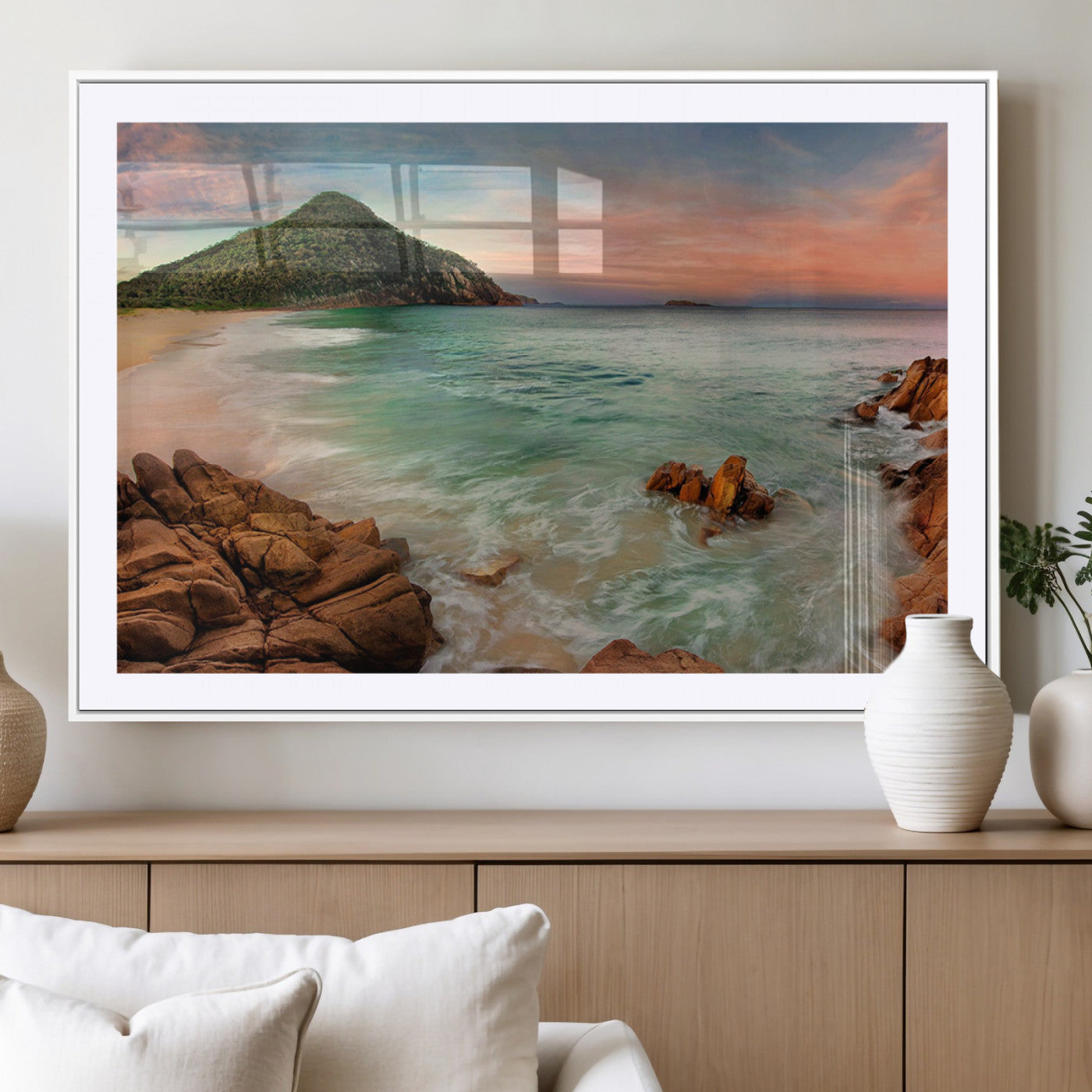 53831025-MGC-FP-40x30_White-Stunning Coastal Landscape with Rocky Shore and Green Hills at Sunset – Beautiful Ocean View Wall Art Canvas Print for Serene Home Decor.